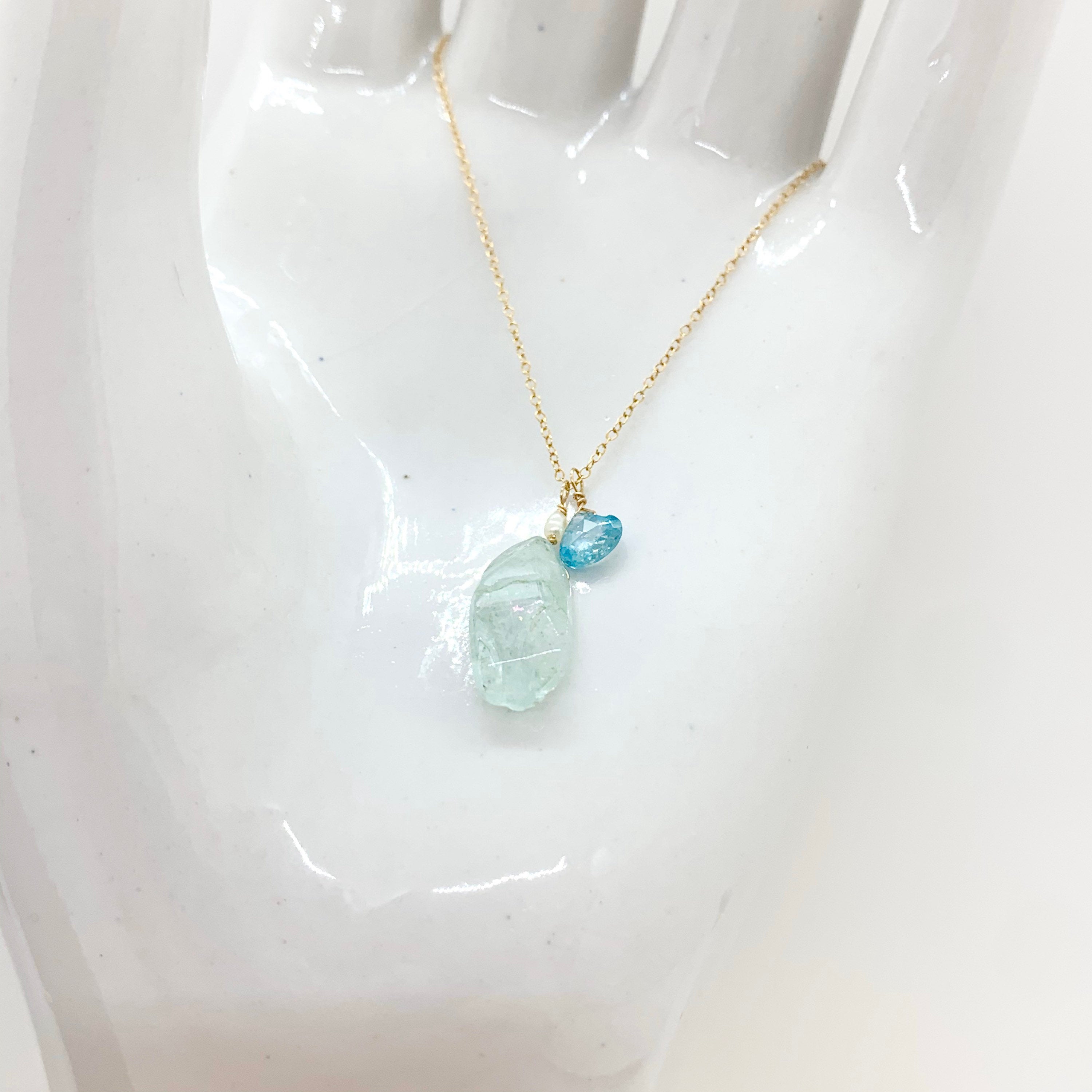 14k Gold Chain Necklace w/ Aquamarine, Opal & Keshi Pearl