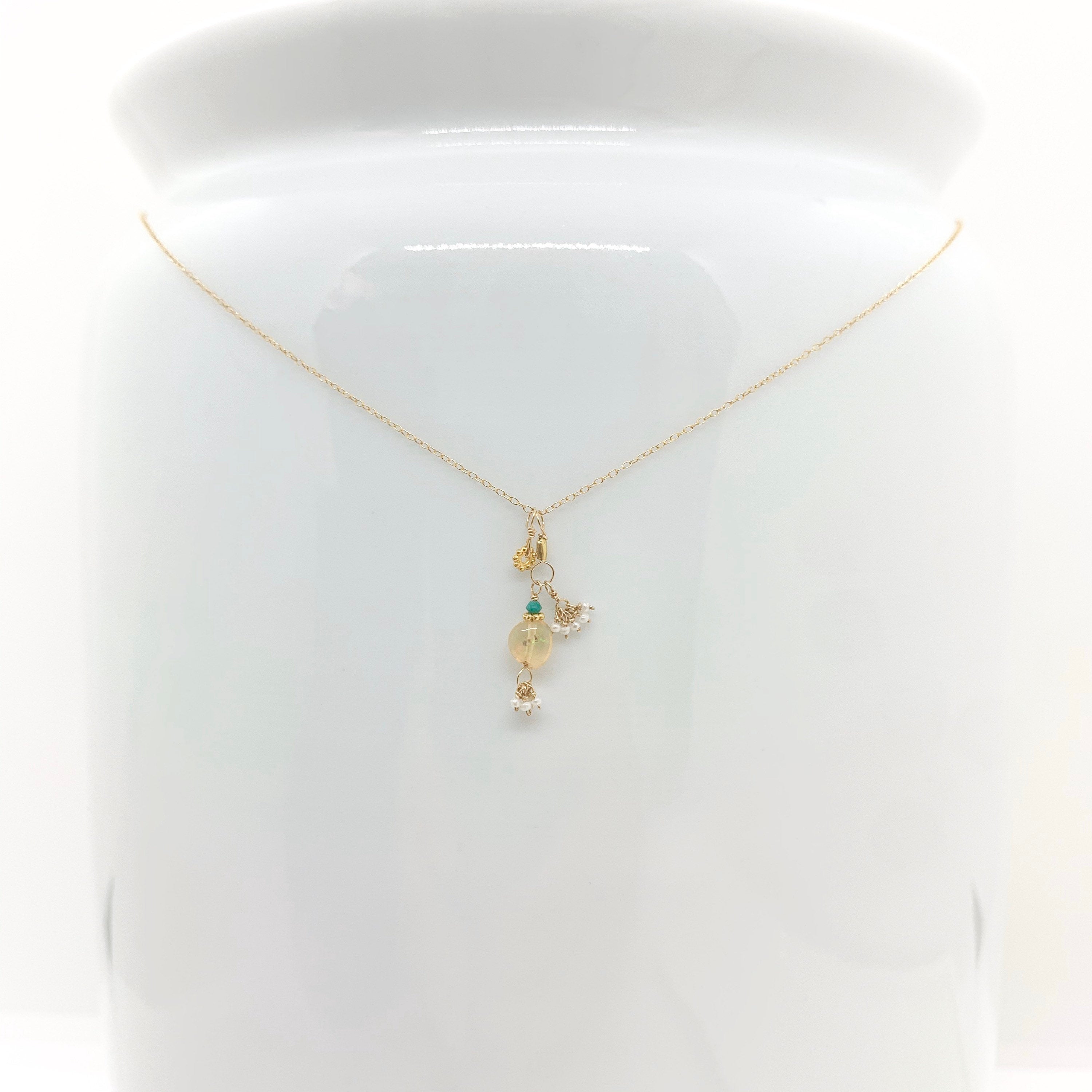 14k Gold Chain Necklace w/ 18k Gold, Turquoise, Freshwater Pearls & Opal