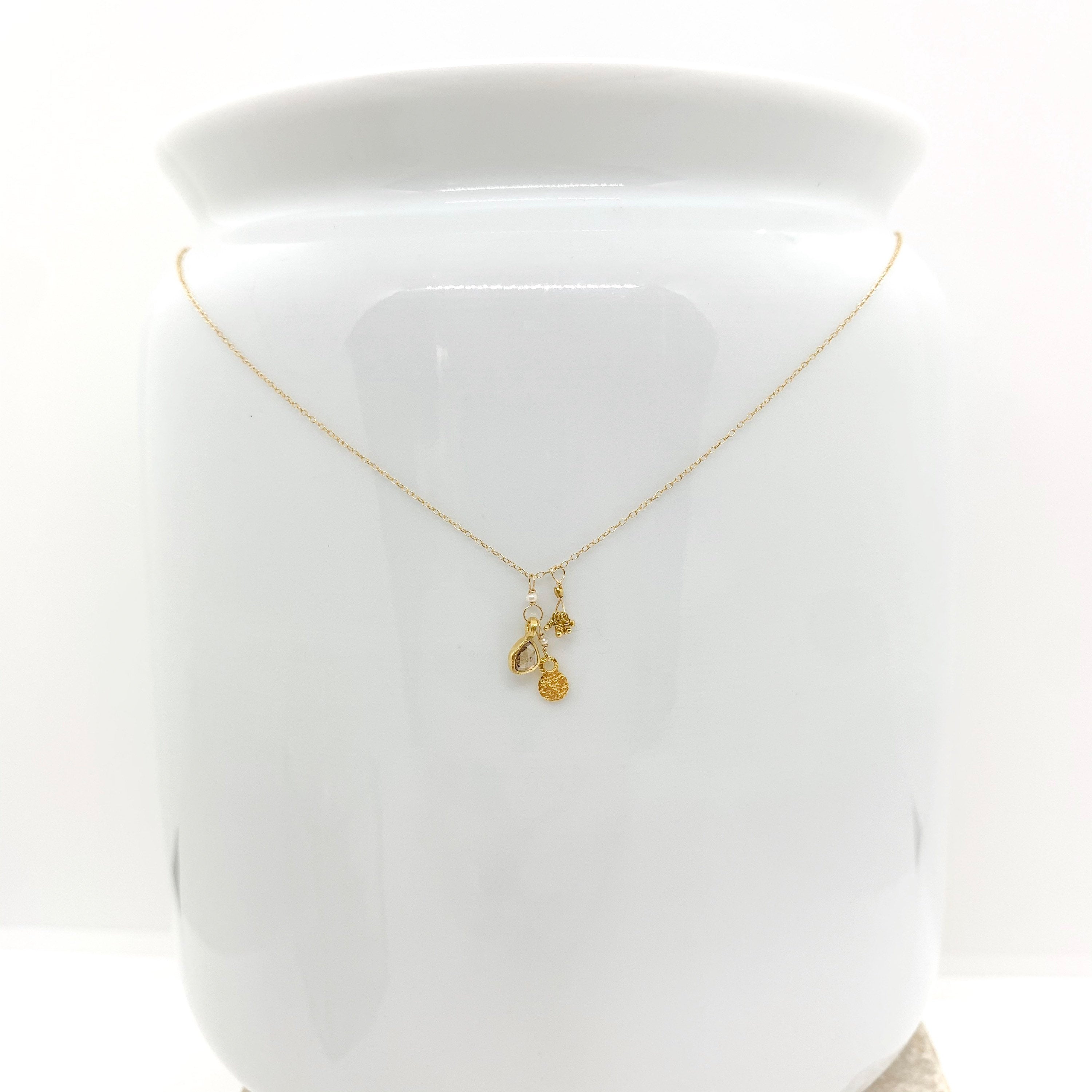 14k Gold Chain Necklace w/ 18k Gold Diamond Pendant, 18k Gold Nuggets, 18k Gold Flat Pendant & Freshwater Pearl