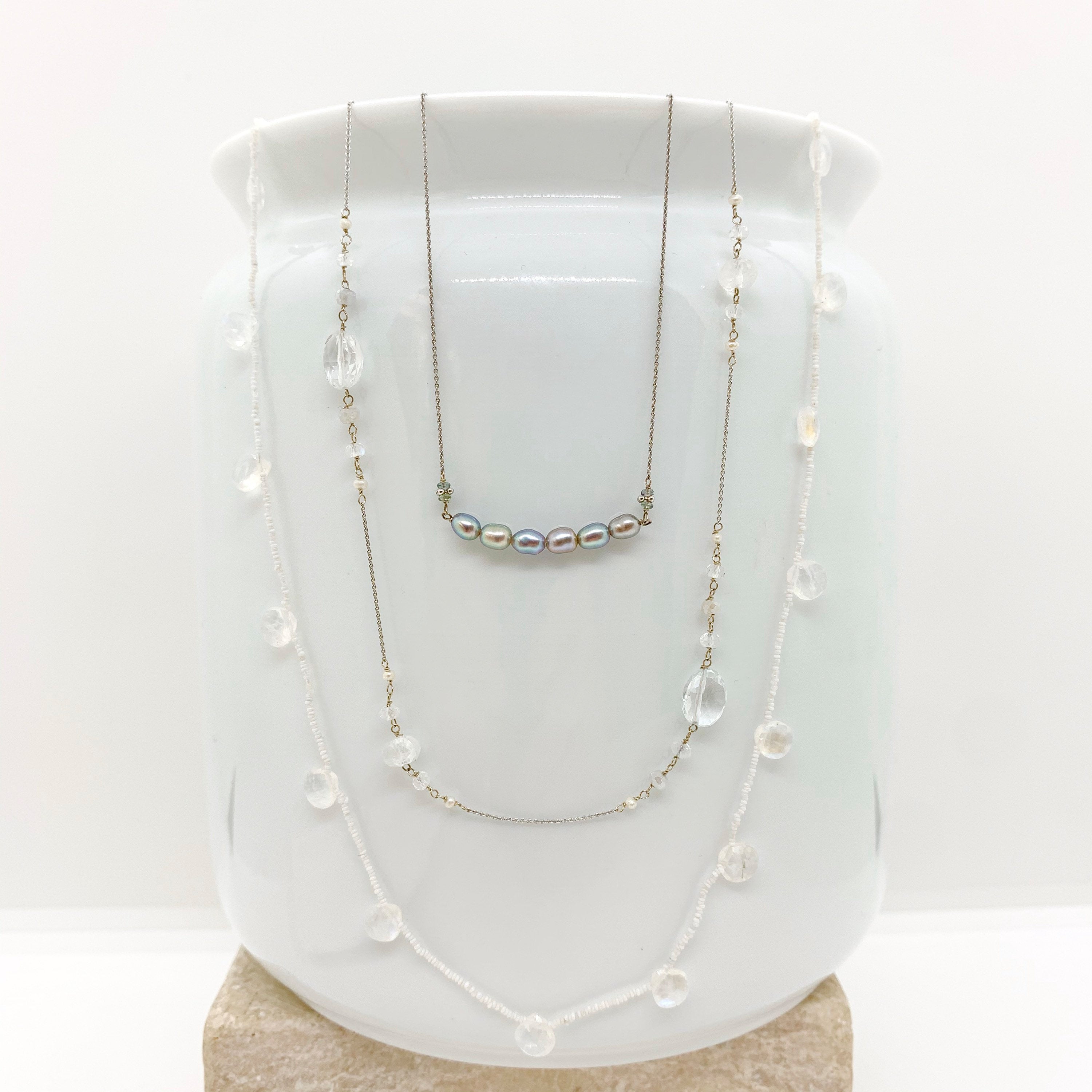 14K GOLD CHAIN Necklace - White Gold Necklace - Moonstone Necklace - Freshwater Pearls - Women Gold Jewelry - White Gold Chain