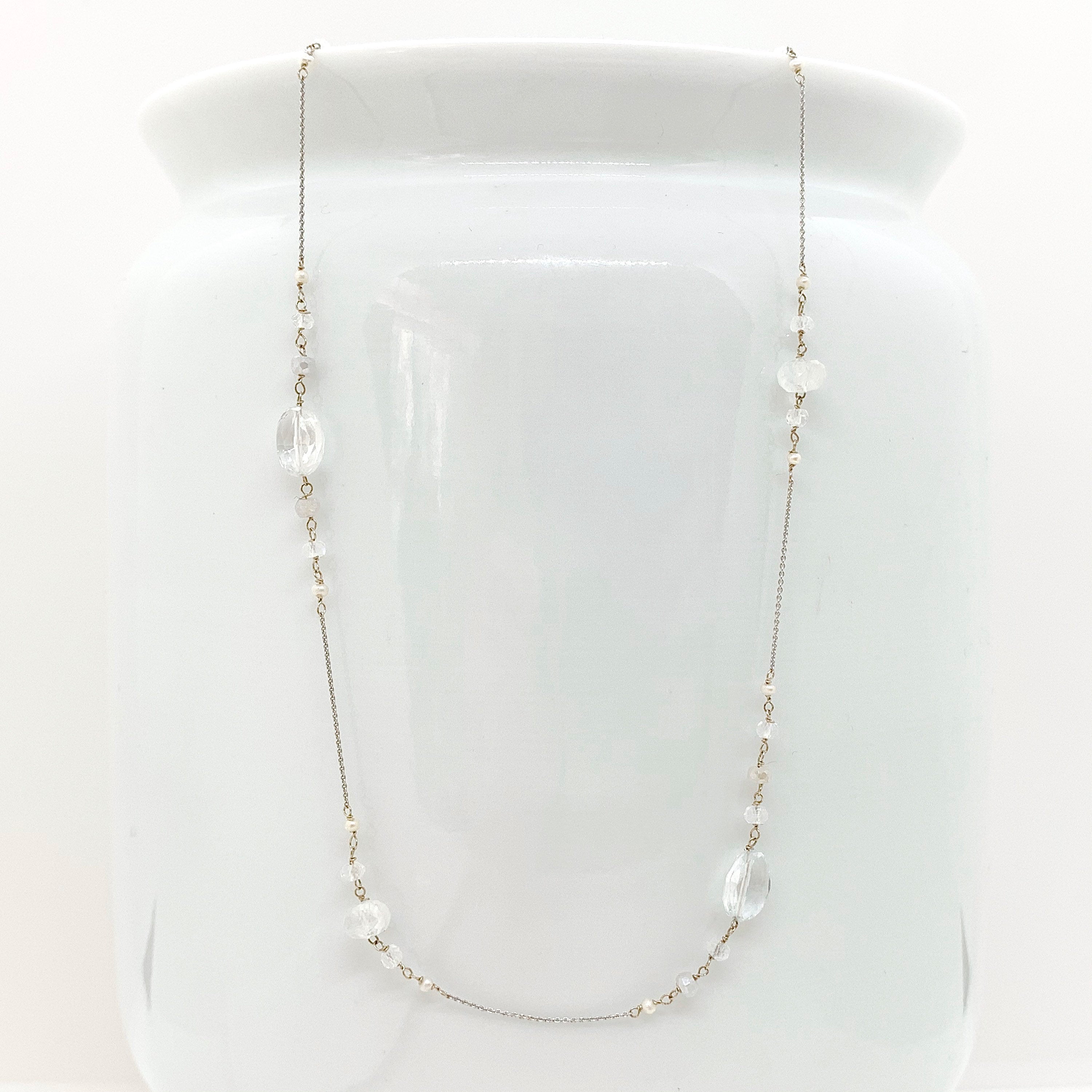 14K GOLD CHAIN Necklace - White Gold Necklace - Moonstone Necklace - Freshwater Pearls - Women Gold Jewelry - White Gold Chain