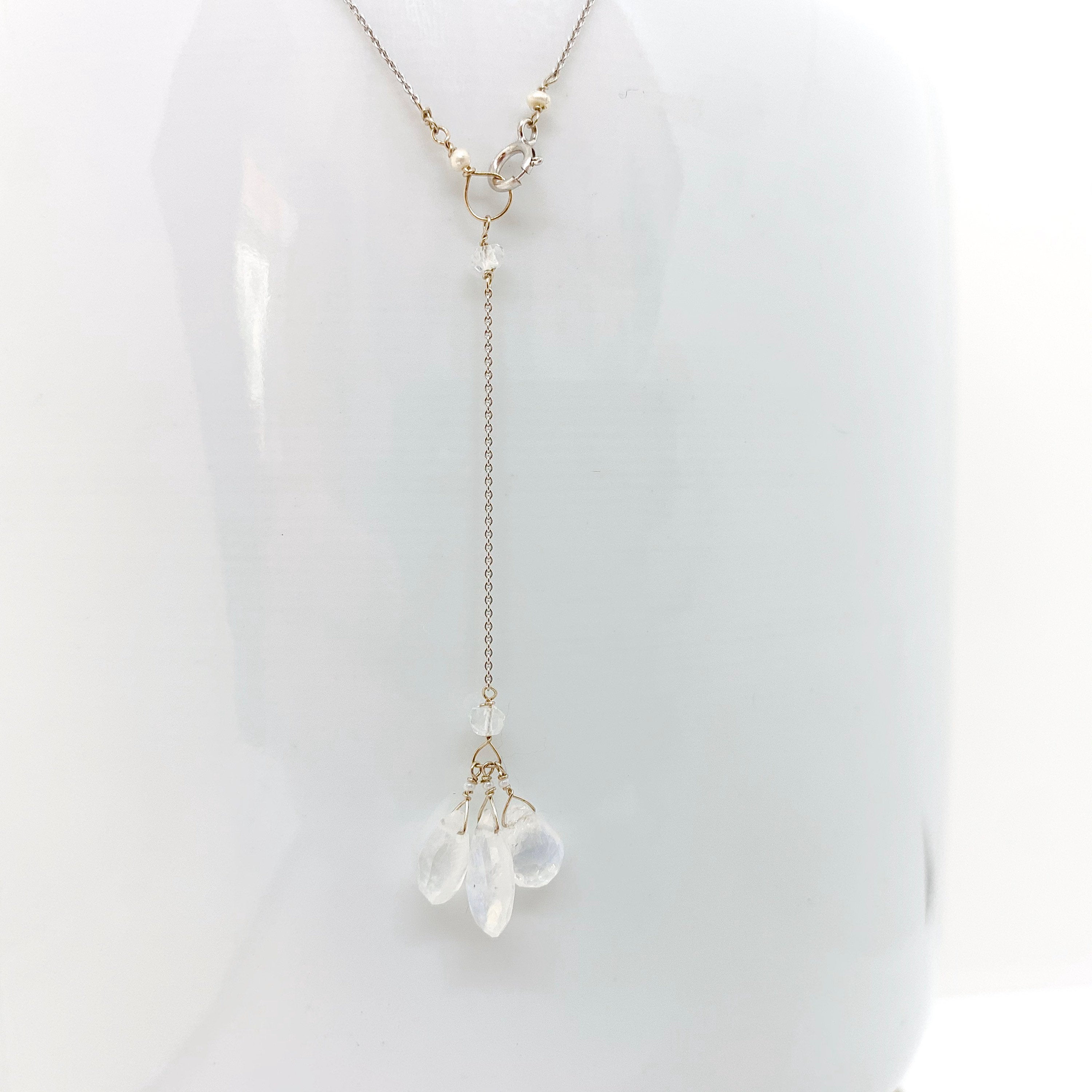 14K GOLD CHAIN Necklace - White Gold Necklace - Moonstone Necklace - Freshwater Pearls - Women Gold Jewelry - White Gold Chain