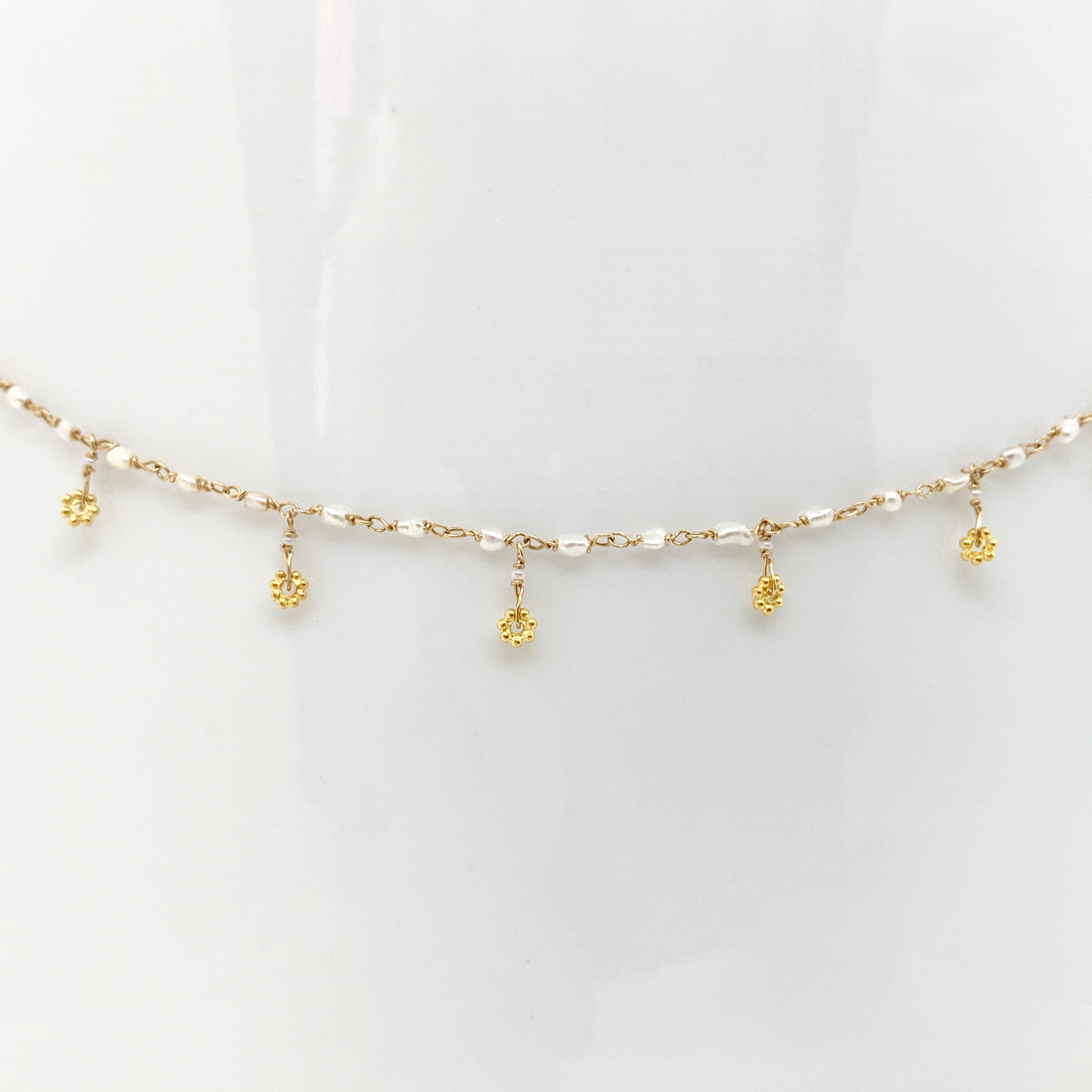 14k Gold Chain Necklace w/ Keshi Pearls, 18k Gold Daisies, 18k Gold Nuggets & Antique Italian Beads