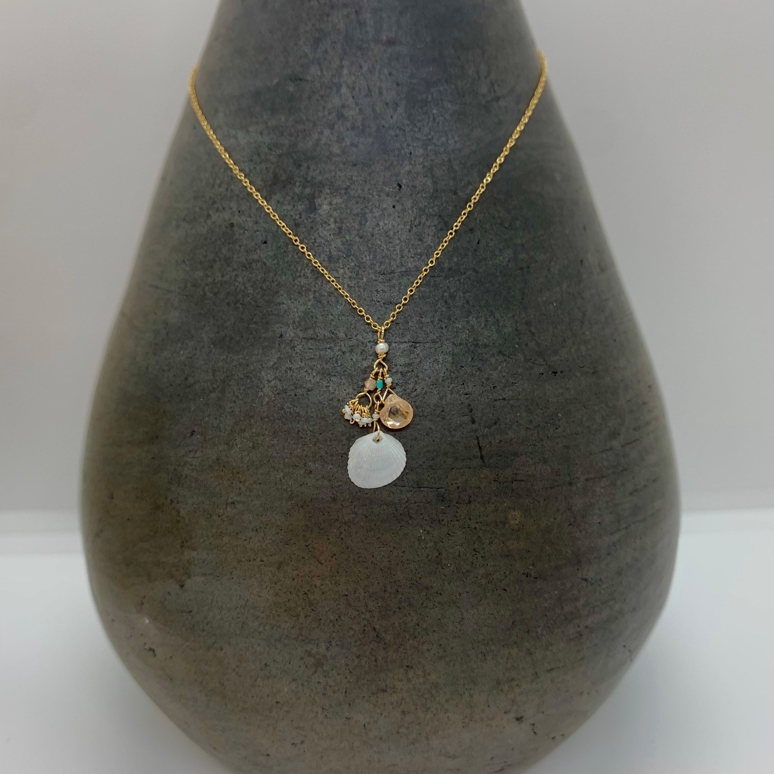 14k Gold Chain Necklace w/ Seashell, Cubic Zirconia, Quartz, Turquoise, Freshwater Pearl & Antique Italian Beads
