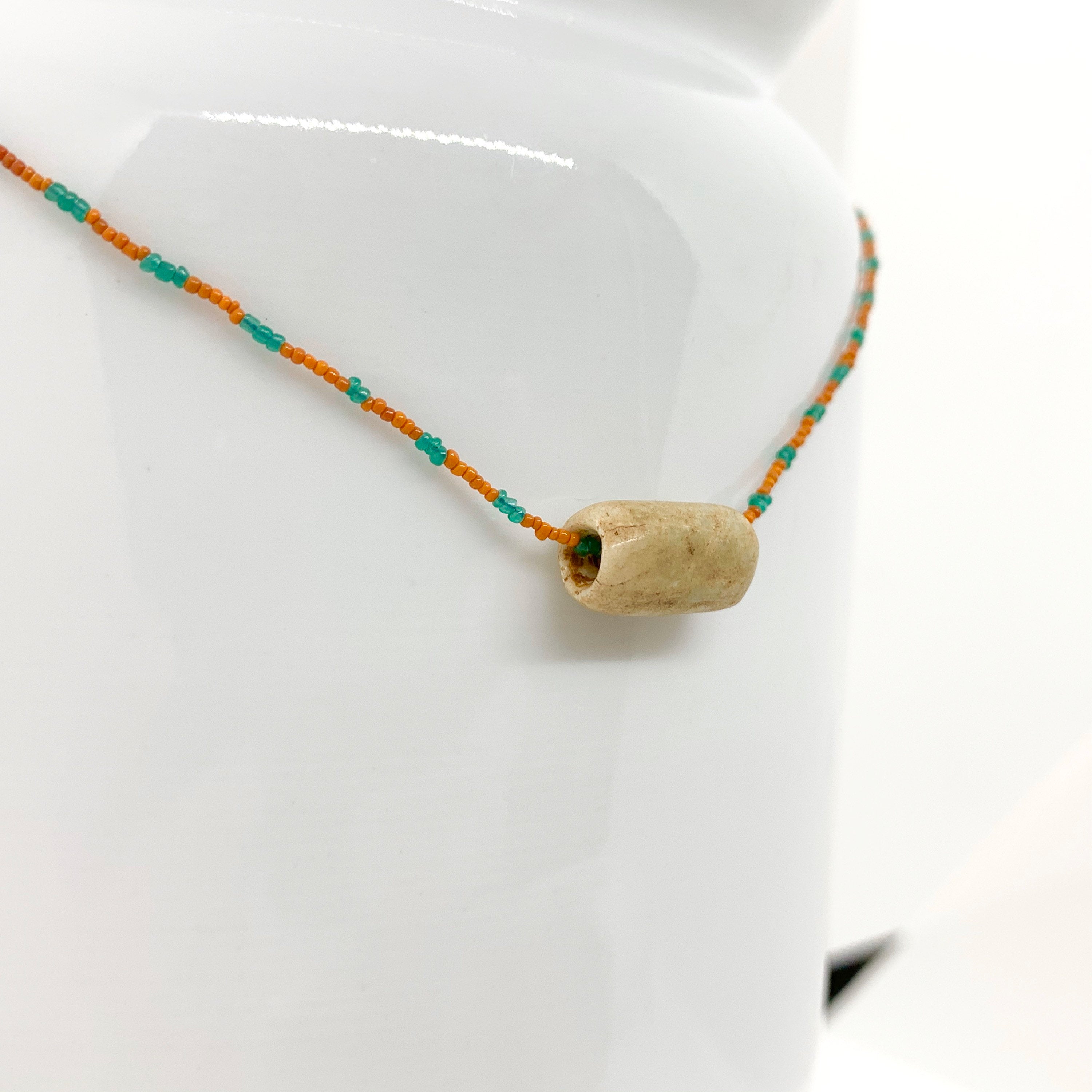 String Beaded Necklace w/ Pre-Columbian White Jade & Antique Italian Beads