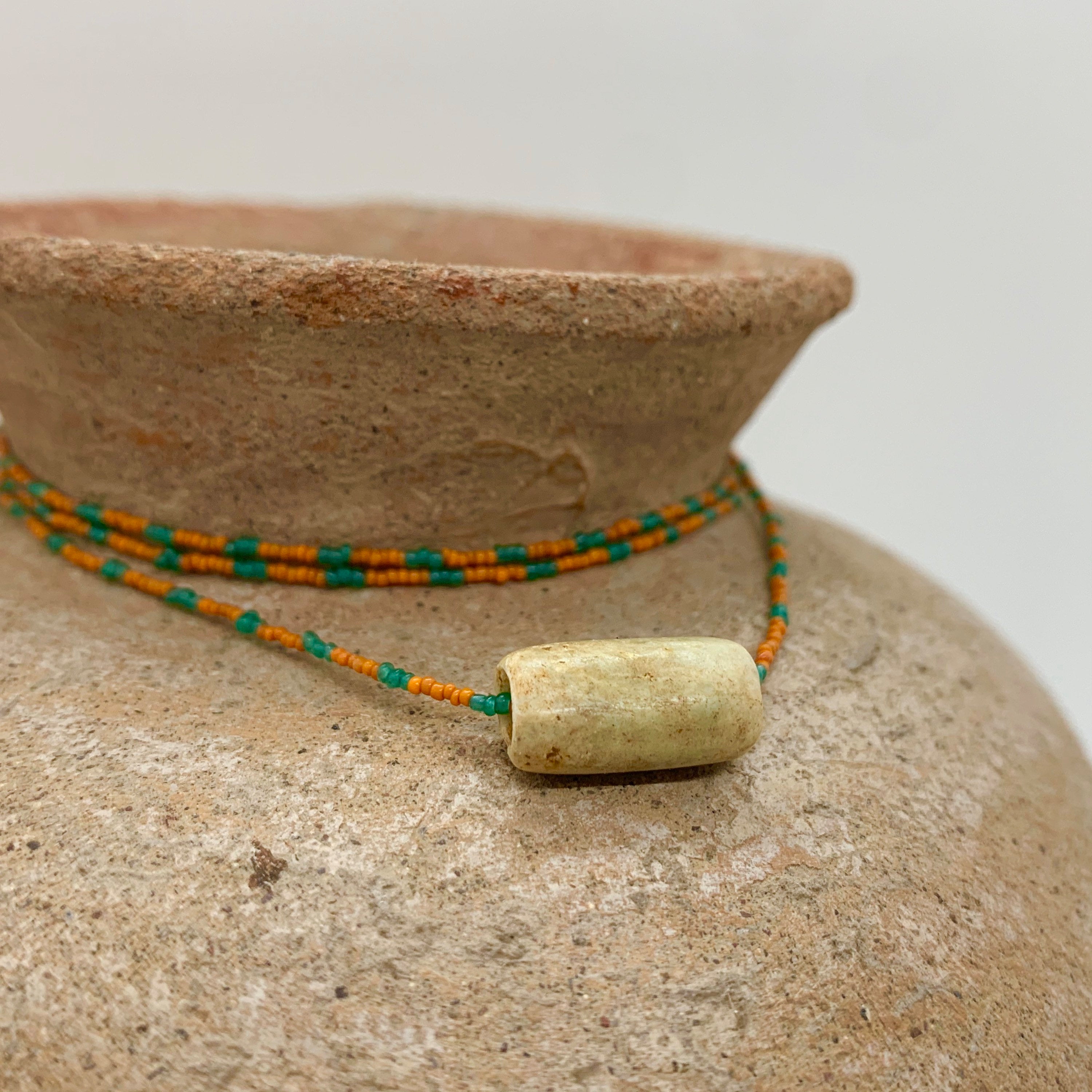 String Beaded Necklace w/ Pre-Columbian White Jade & Antique Italian Beads