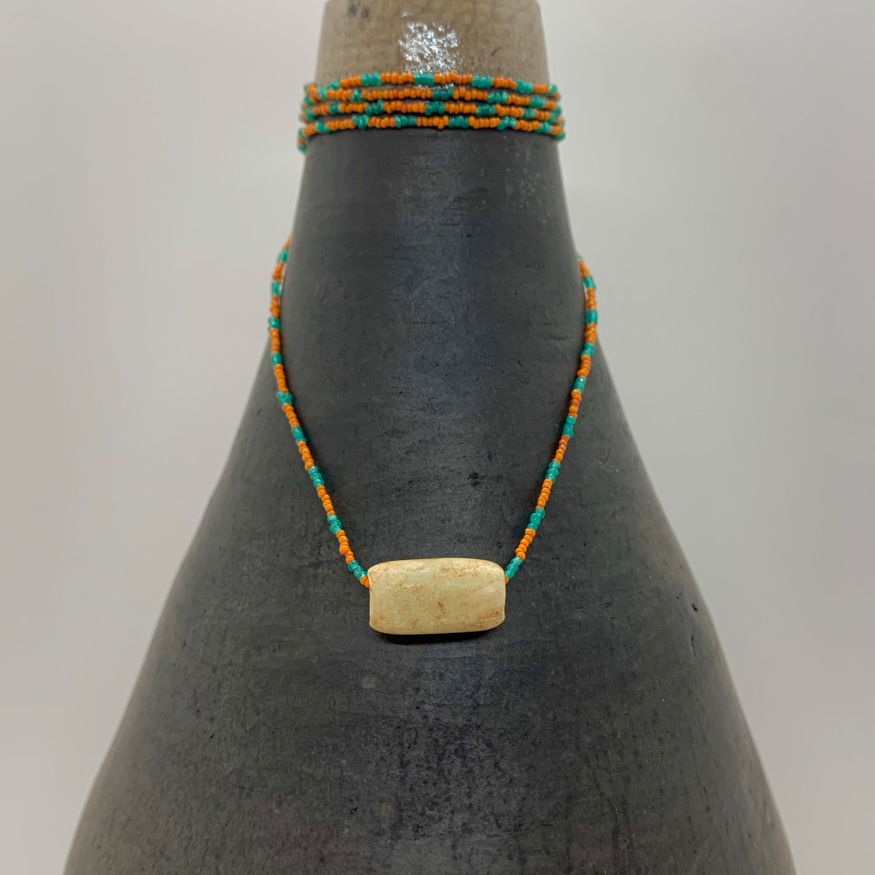 String Beaded Necklace w/ Pre-Columbian White Jade & Antique Italian Beads