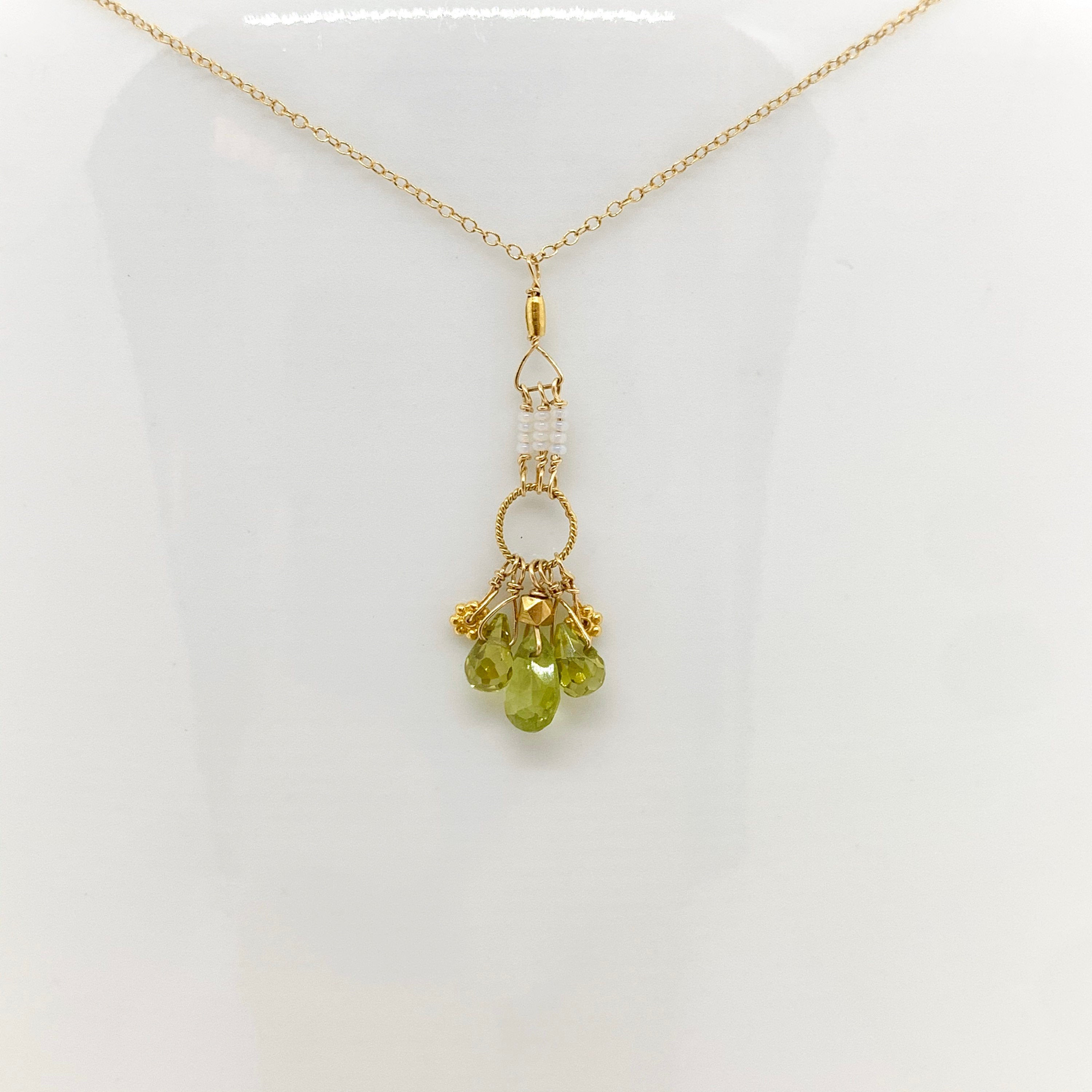 14k Gold Chain Necklace w/ Peridot, 18k Gold Daisies, 18k Gold Nuggets, 18k Gold Loop & Antique Italian Beads