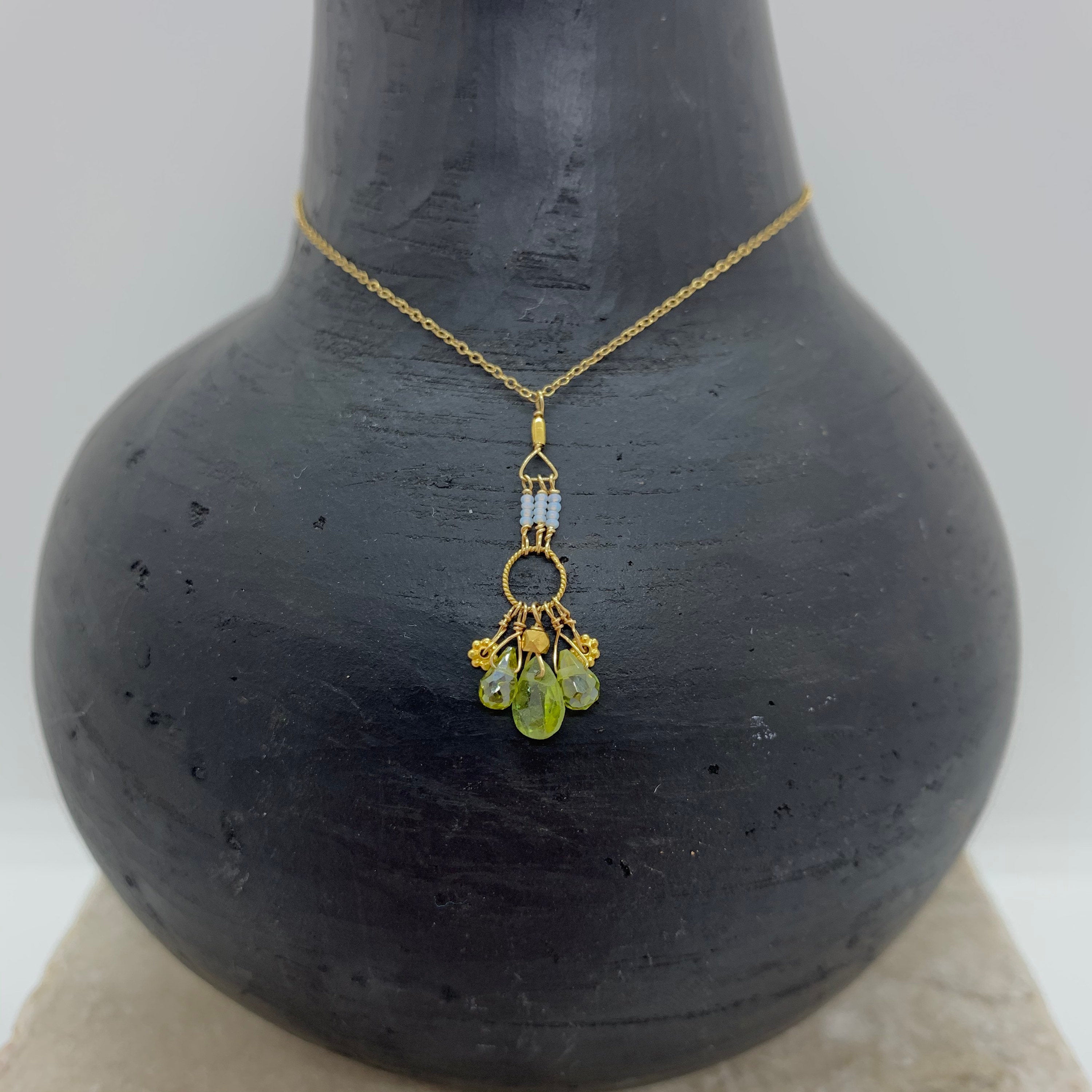 14k Gold Chain Necklace w/ Peridot, 18k Gold Daisies, 18k Gold Nuggets, 18k Gold Loop & Antique Italian Beads