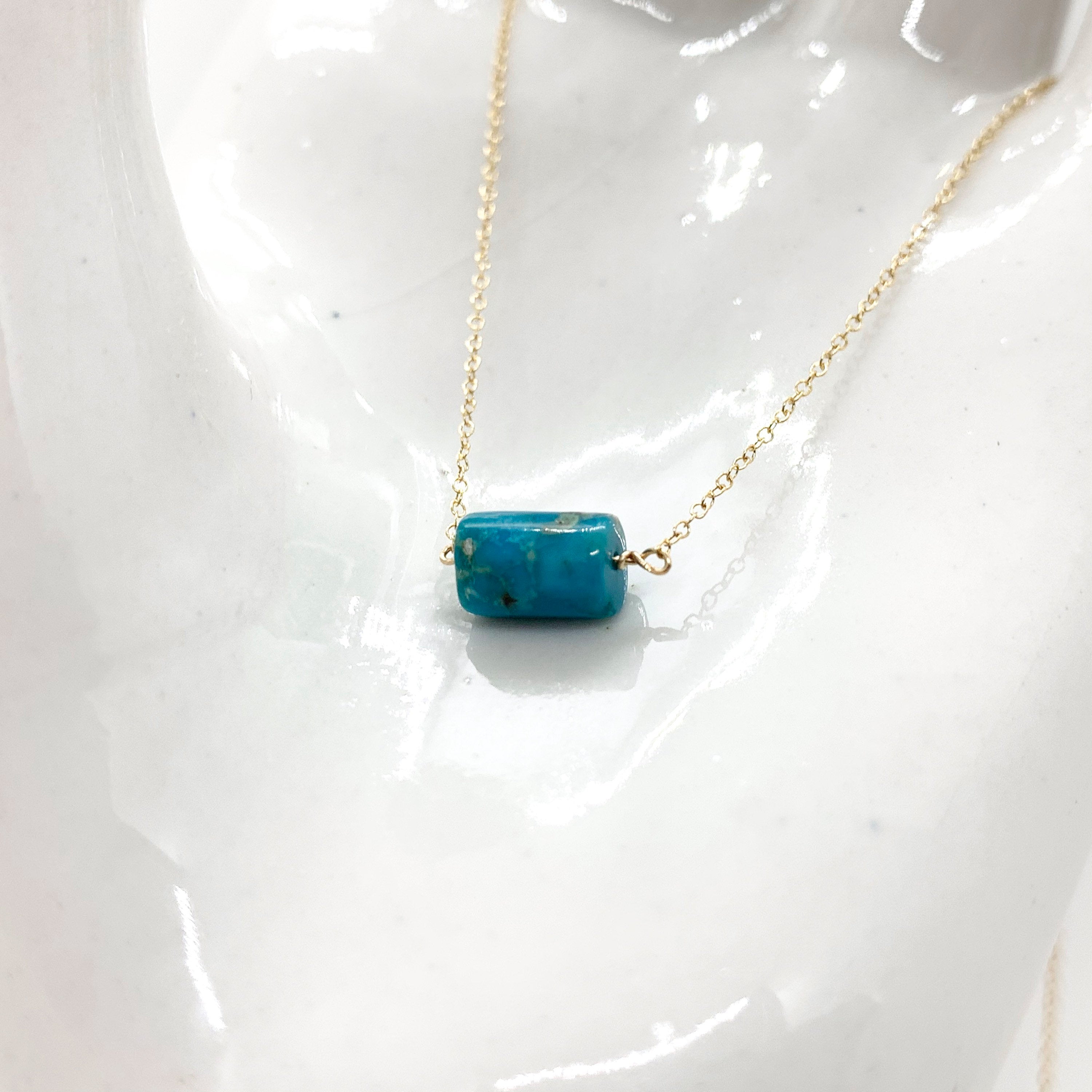 14k Gold Chain Necklace w/ Turquoise Tube & Topaz