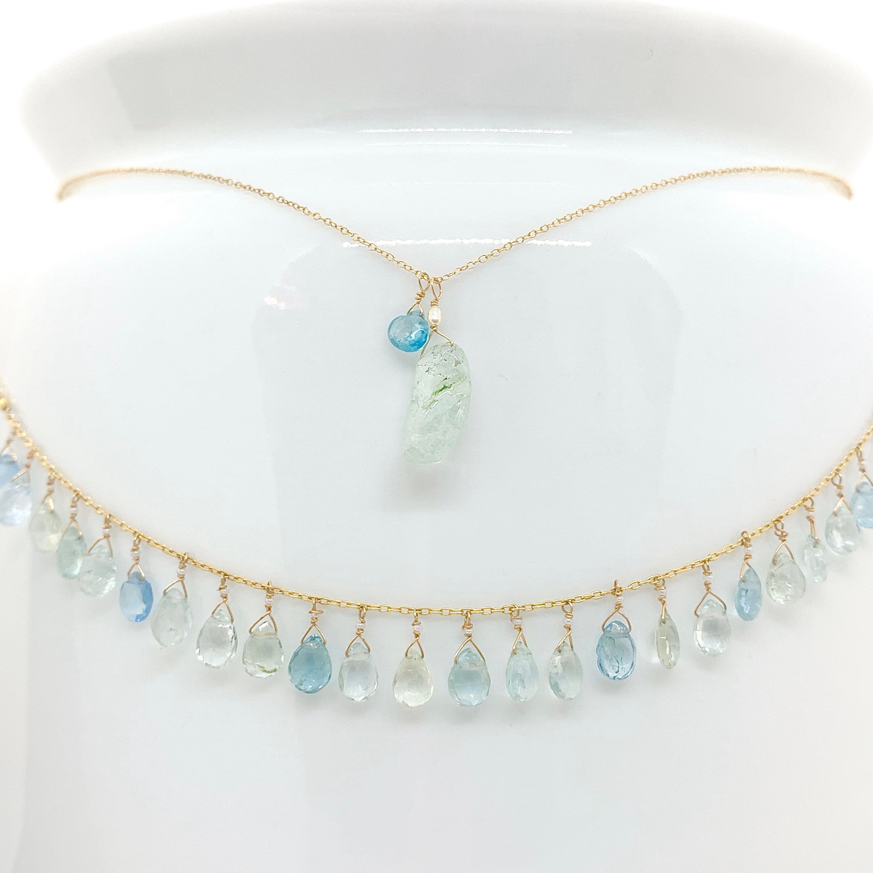 14k Gold Chain Necklace w/ Aquamarine, Opal & Keshi Pearl
