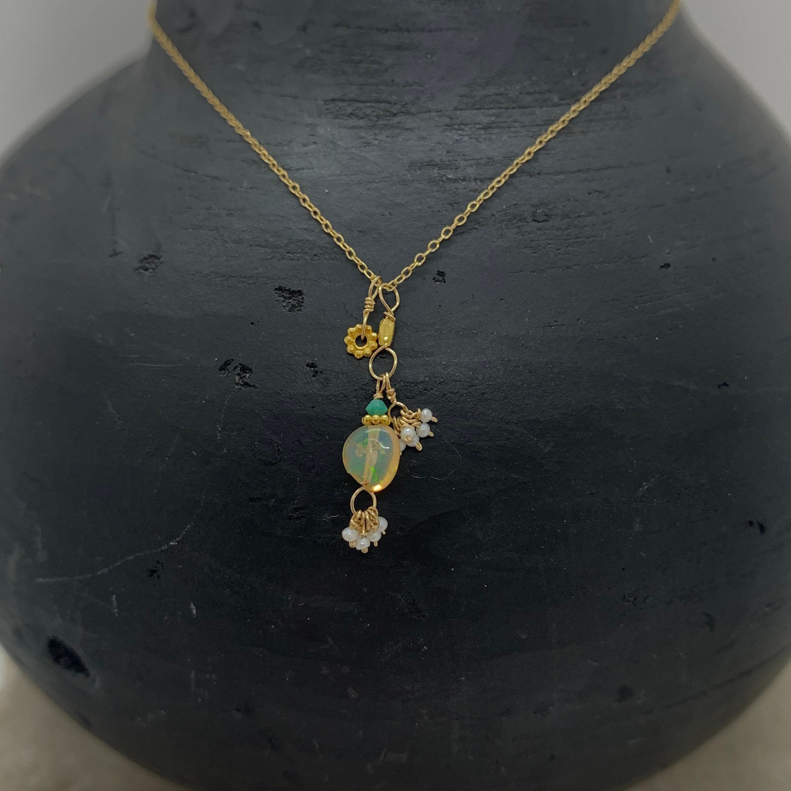 14k Gold Chain Necklace w/ 18k Gold, Turquoise, Freshwater Pearls & Opal