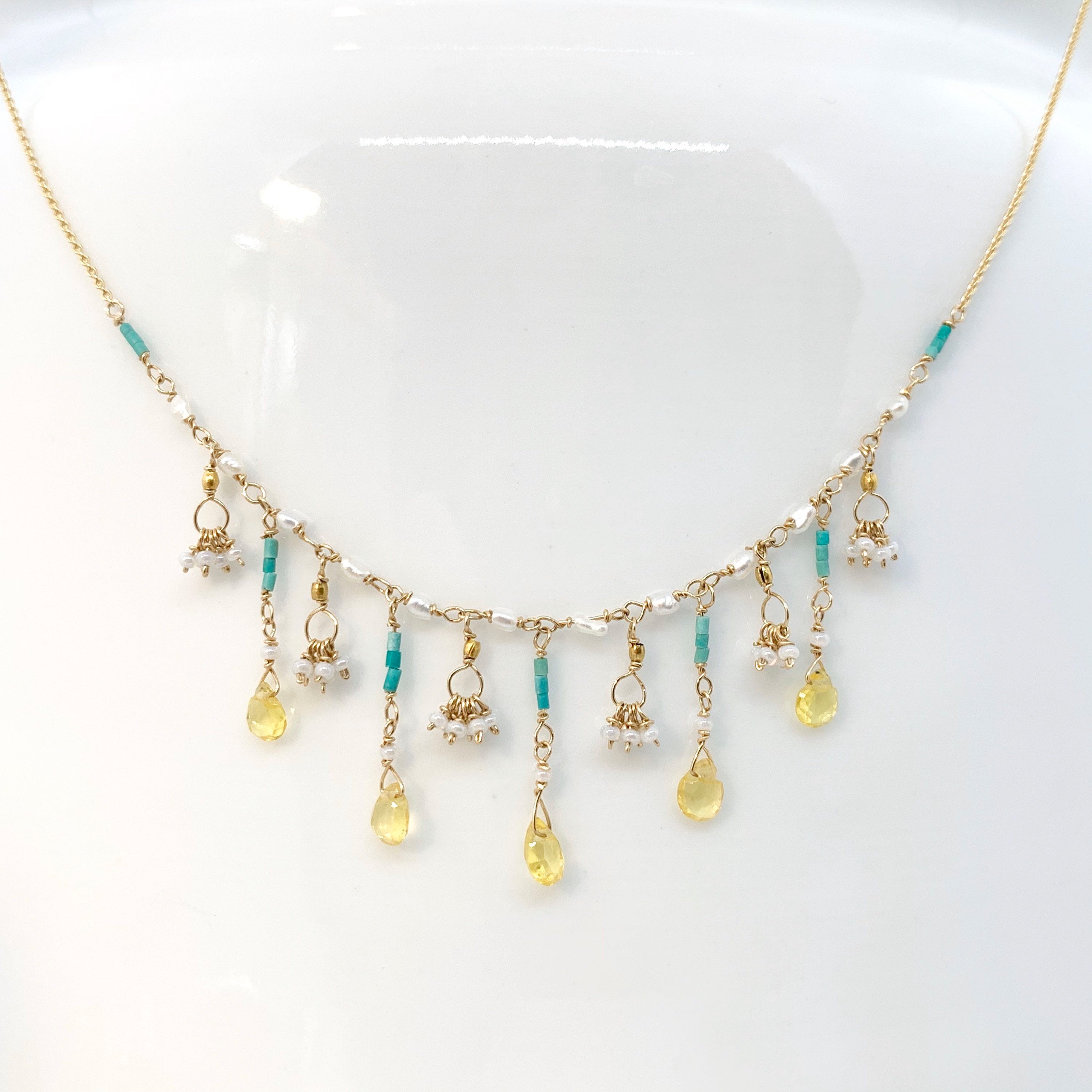 14k Gold Chain Necklace w/ Yellow Sapphires, 18k Gold Nuggets, Keshi Pearls, Turquoise & Antique Italian Beads