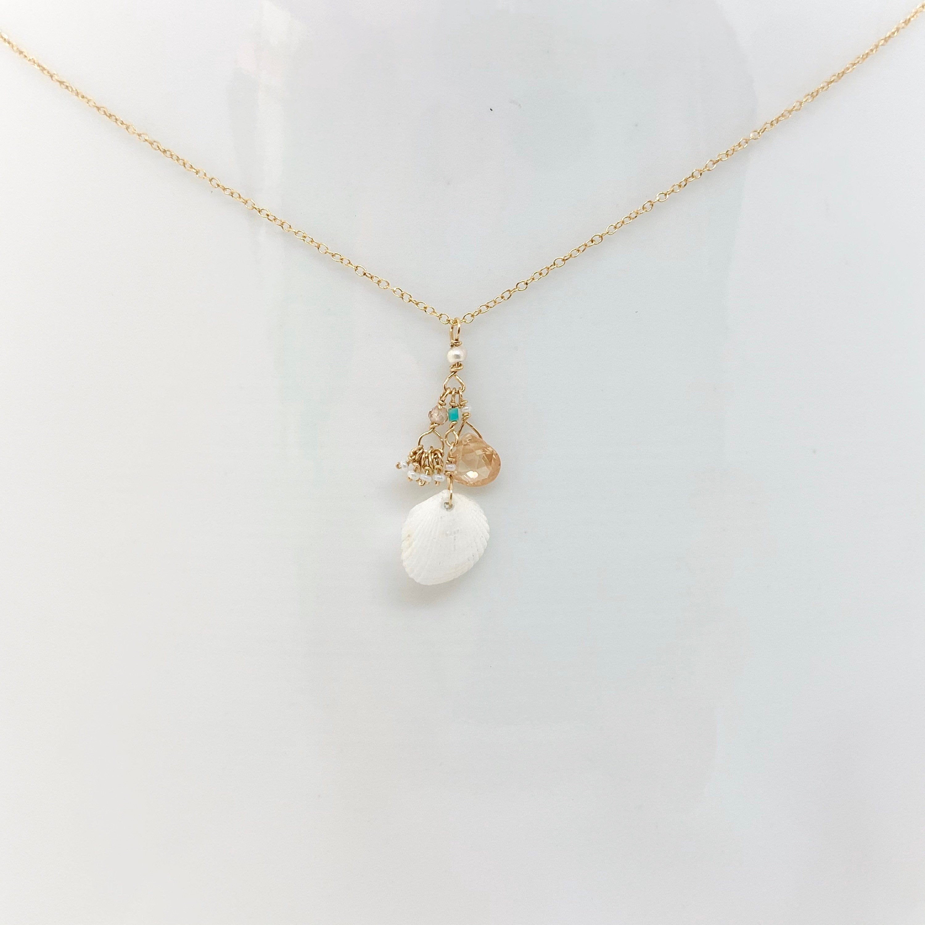 14k Gold Chain Necklace w/ Seashell, Cubic Zirconia, Quartz, Turquoise, Freshwater Pearl & Antique Italian Beads