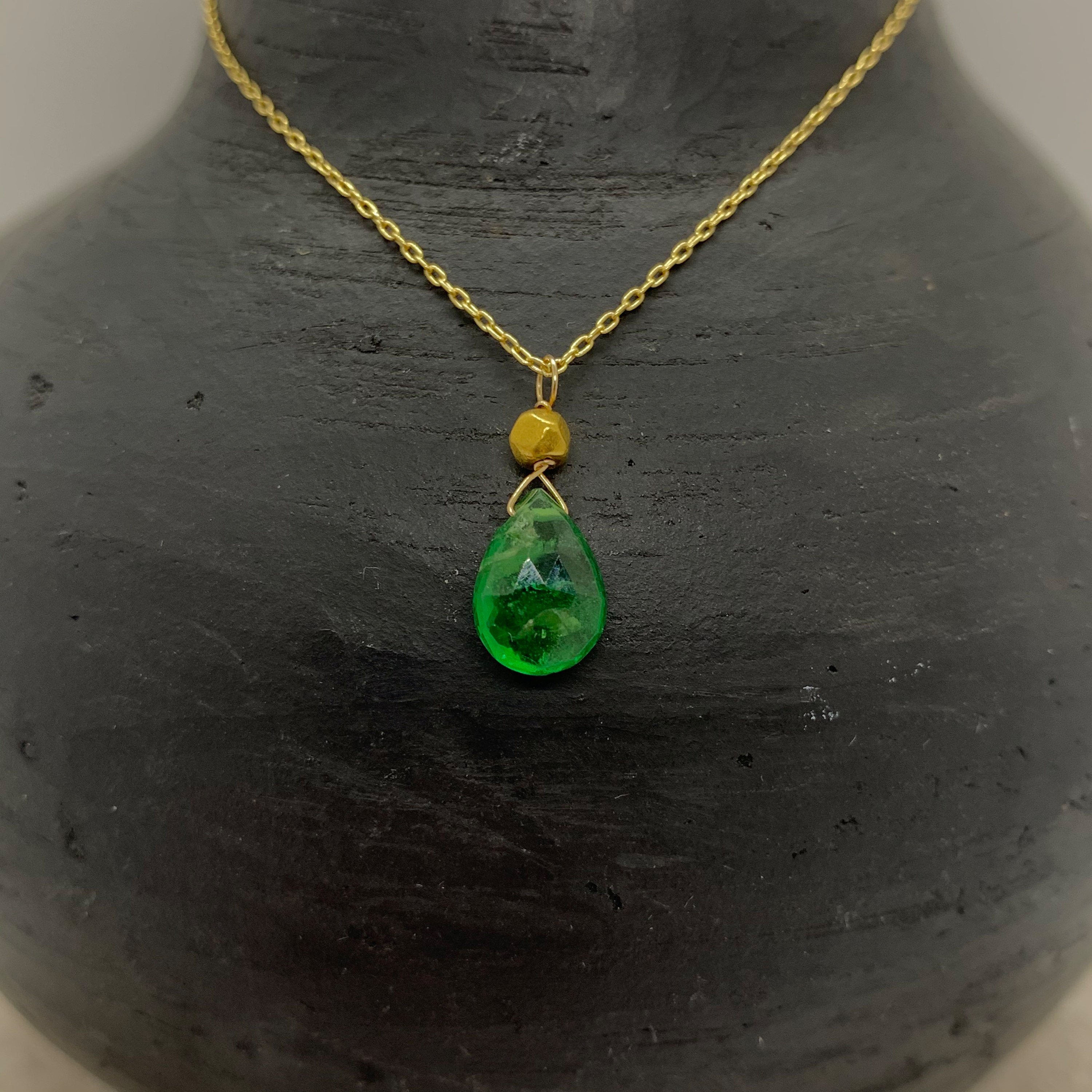 14k Gold Chain Necklace w/ Emerald Drop & 18k Gold Nugget