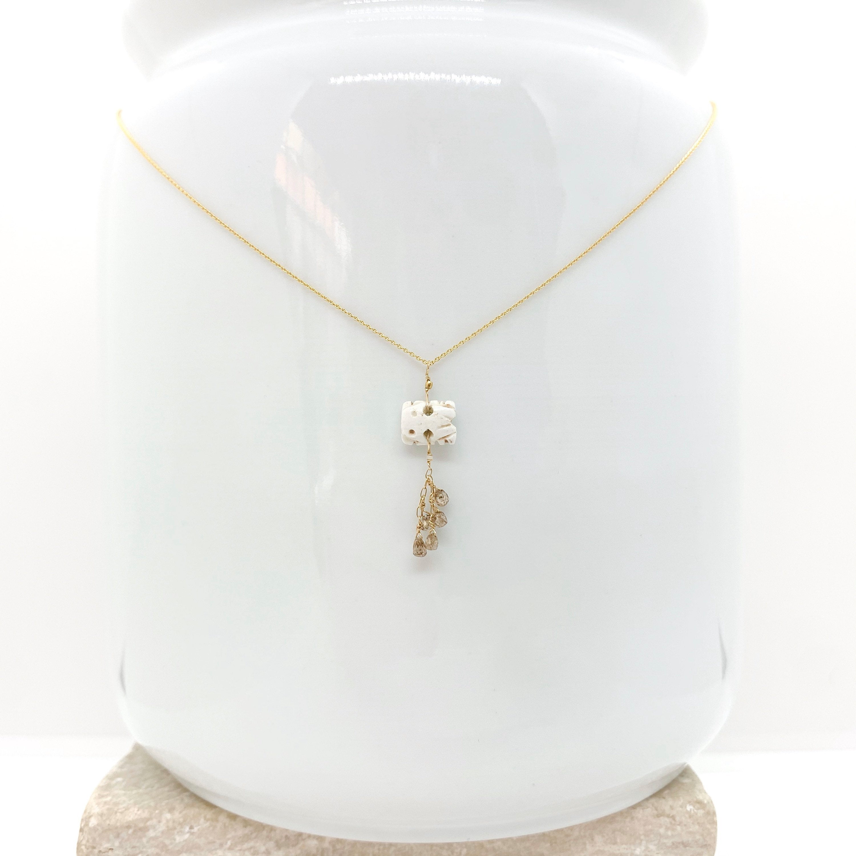 Pre-Columbian Bone Necklace - Antique Italian Bead - Frog Charm Necklace - Necklace For Women - White Diamond Beads - Gem Stone Pendant
