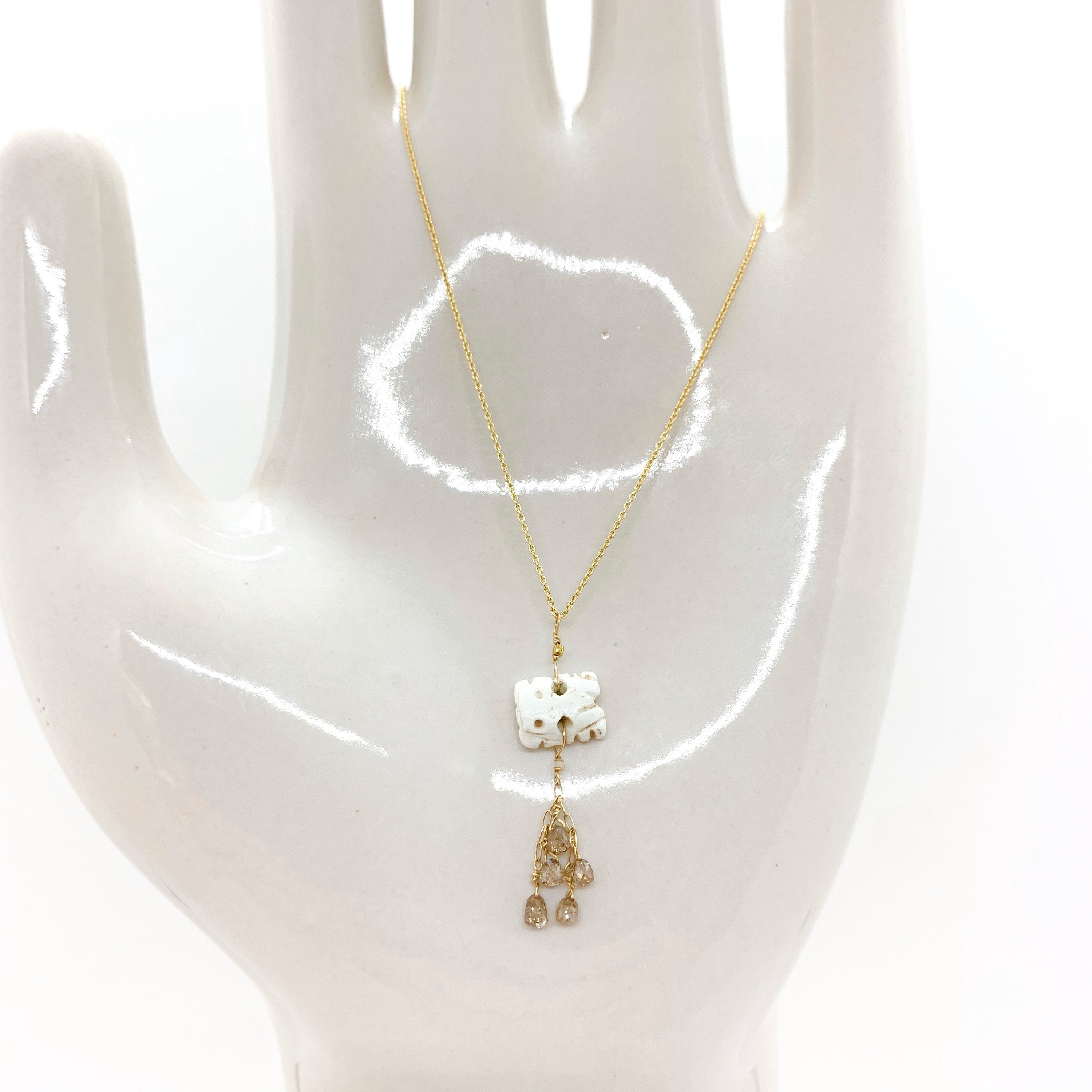 Pre-Columbian Bone Necklace - Antique Italian Bead - Frog Charm Necklace - Necklace For Women - White Diamond Beads - Gem Stone Pendant