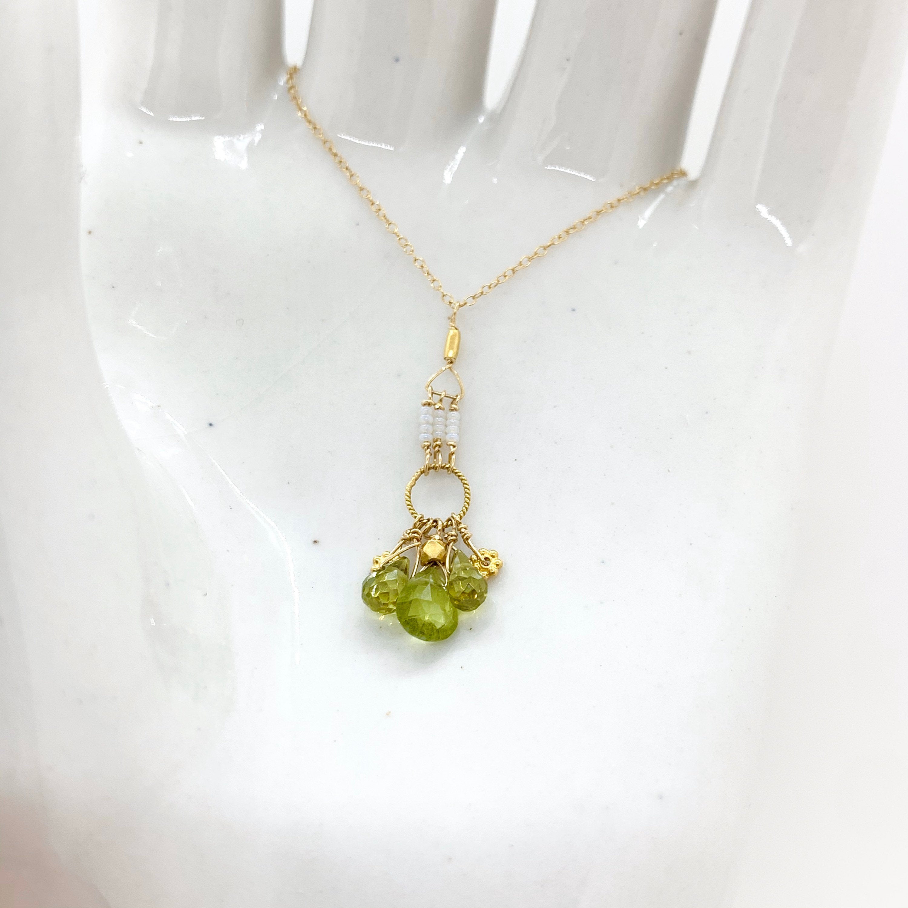 14k Gold Chain Necklace w/ Peridot, 18k Gold Daisies, 18k Gold Nuggets, 18k Gold Loop & Antique Italian Beads
