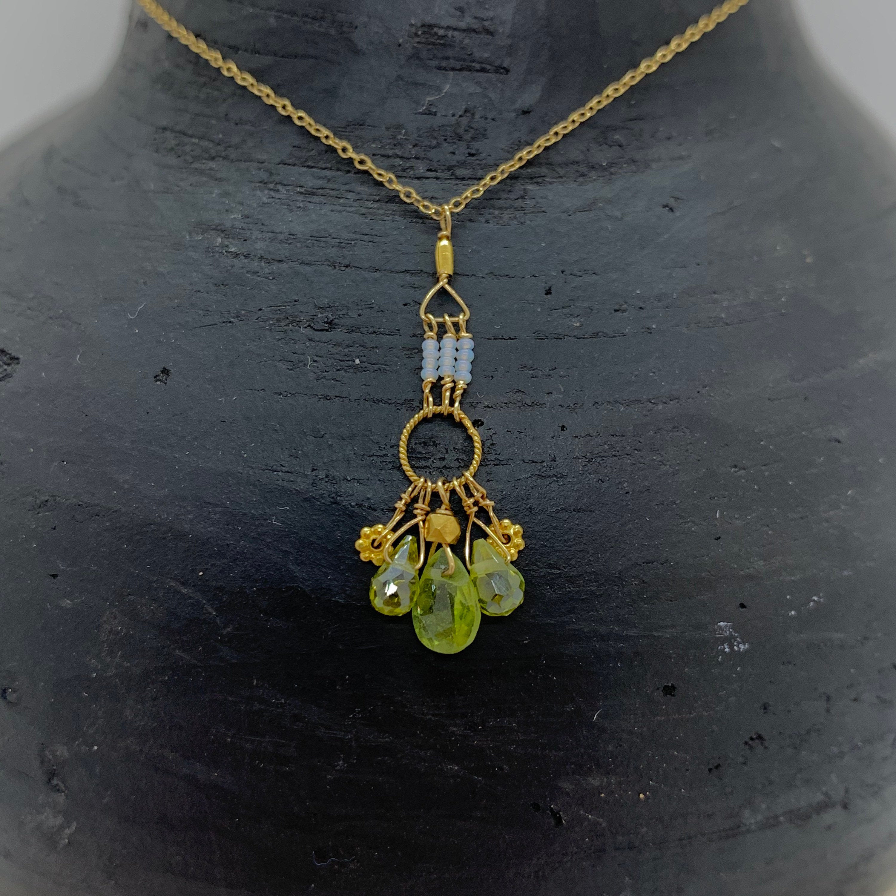 14k Gold Chain Necklace w/ Peridot, 18k Gold Daisies, 18k Gold Nuggets, 18k Gold Loop & Antique Italian Beads