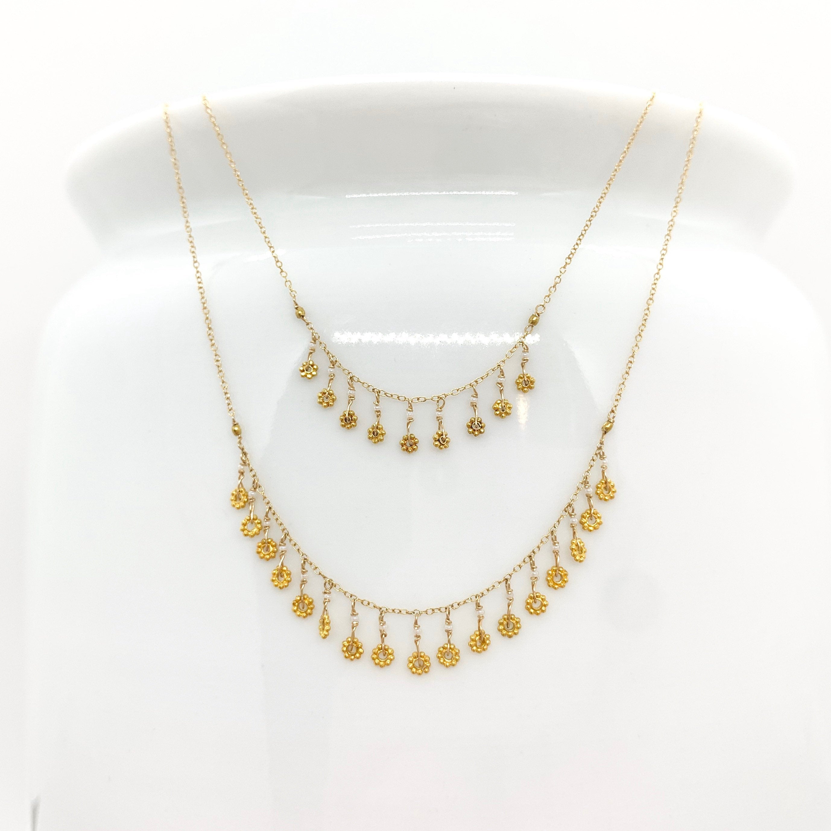 14k Gold Chain Necklace w/ 18k Gold Daisies, 18k Gold Nuggets & Antique Italian Beads