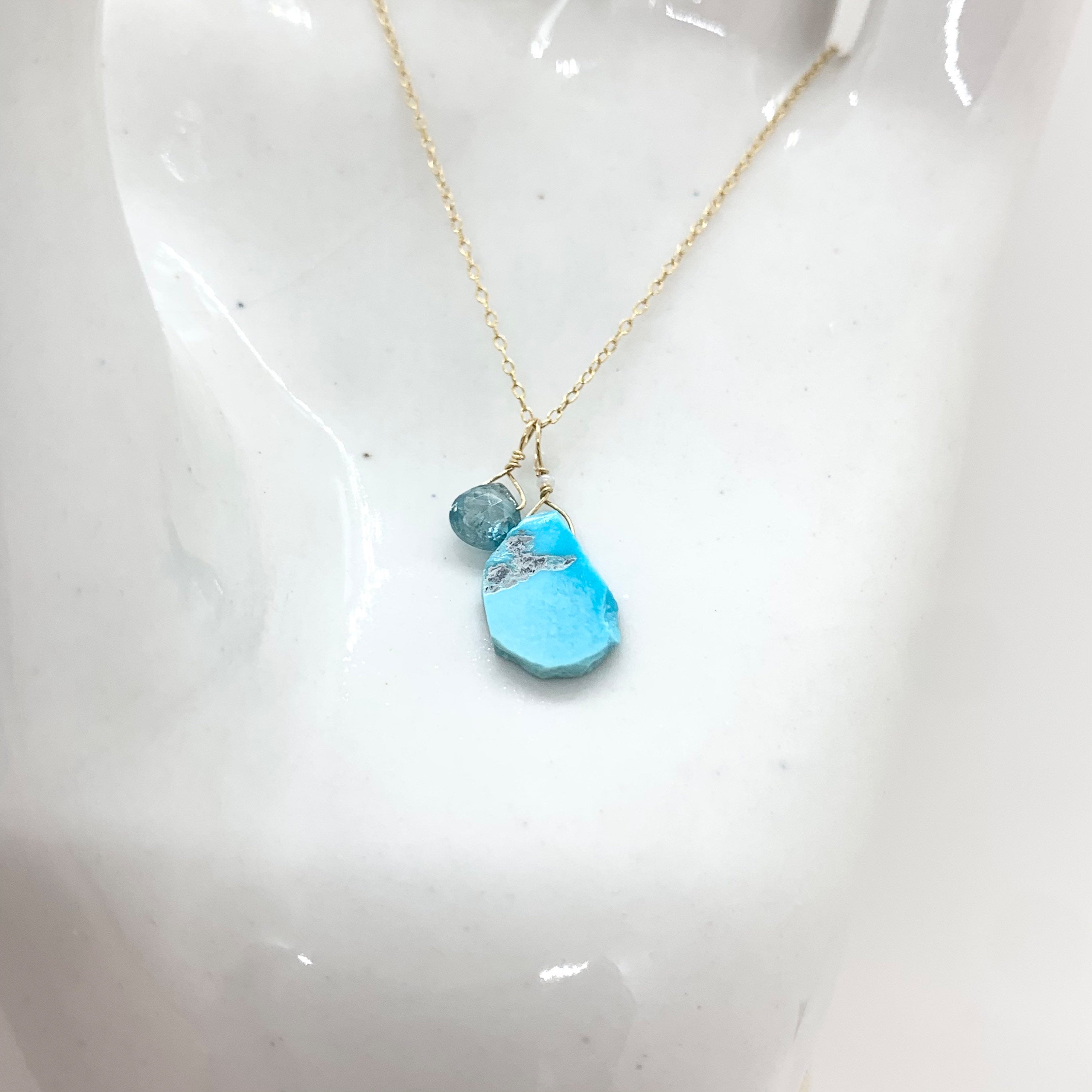 14k Gold Chain Necklace w/ Turquoise, Blue London Topaz & Antique Italian Bead