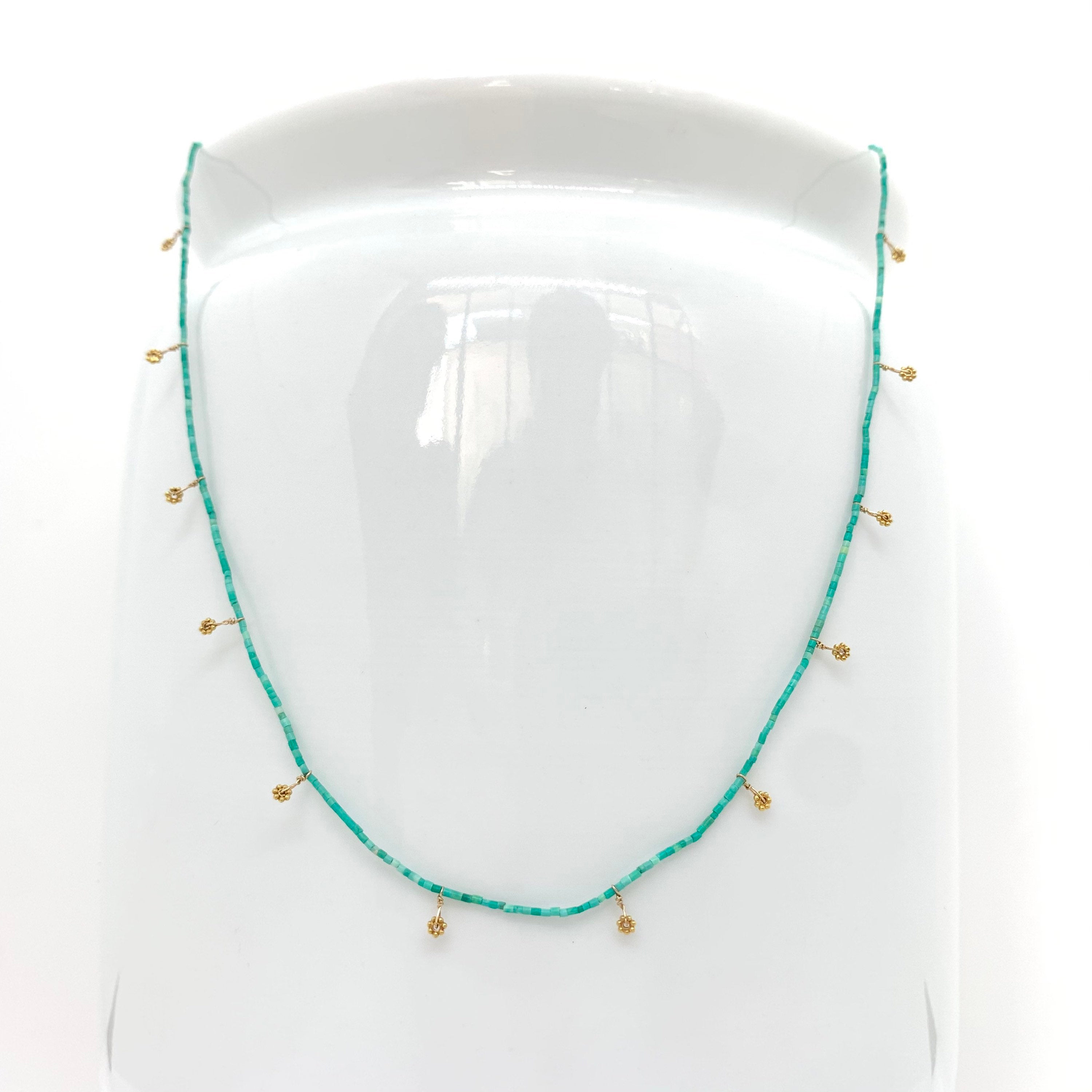 String Beaded Necklace w/ Turquoise & 18k Gold Daisies
