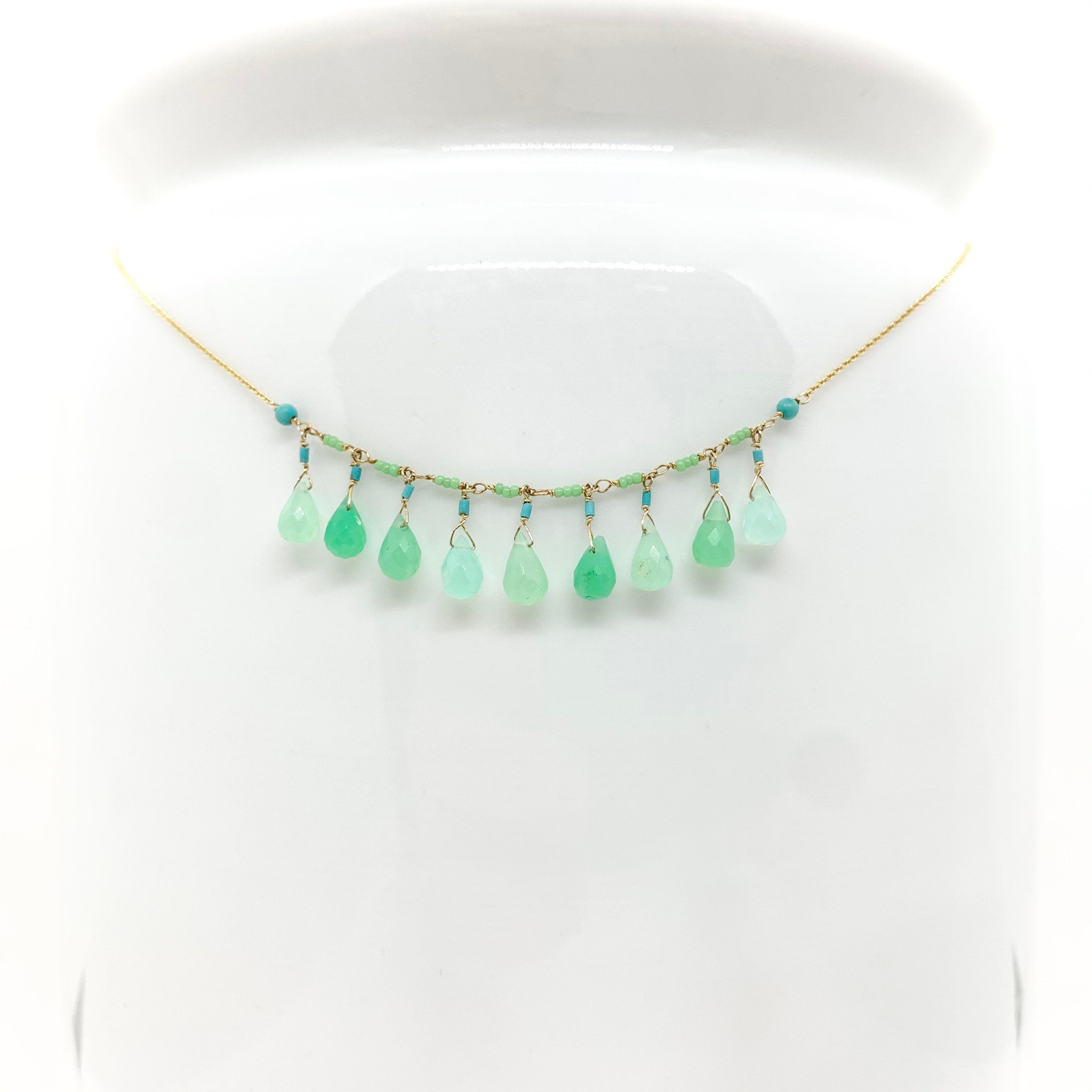 14k Gold Chain Necklace w/ Chrysoprase, Turquoise & Antique Italian Beads