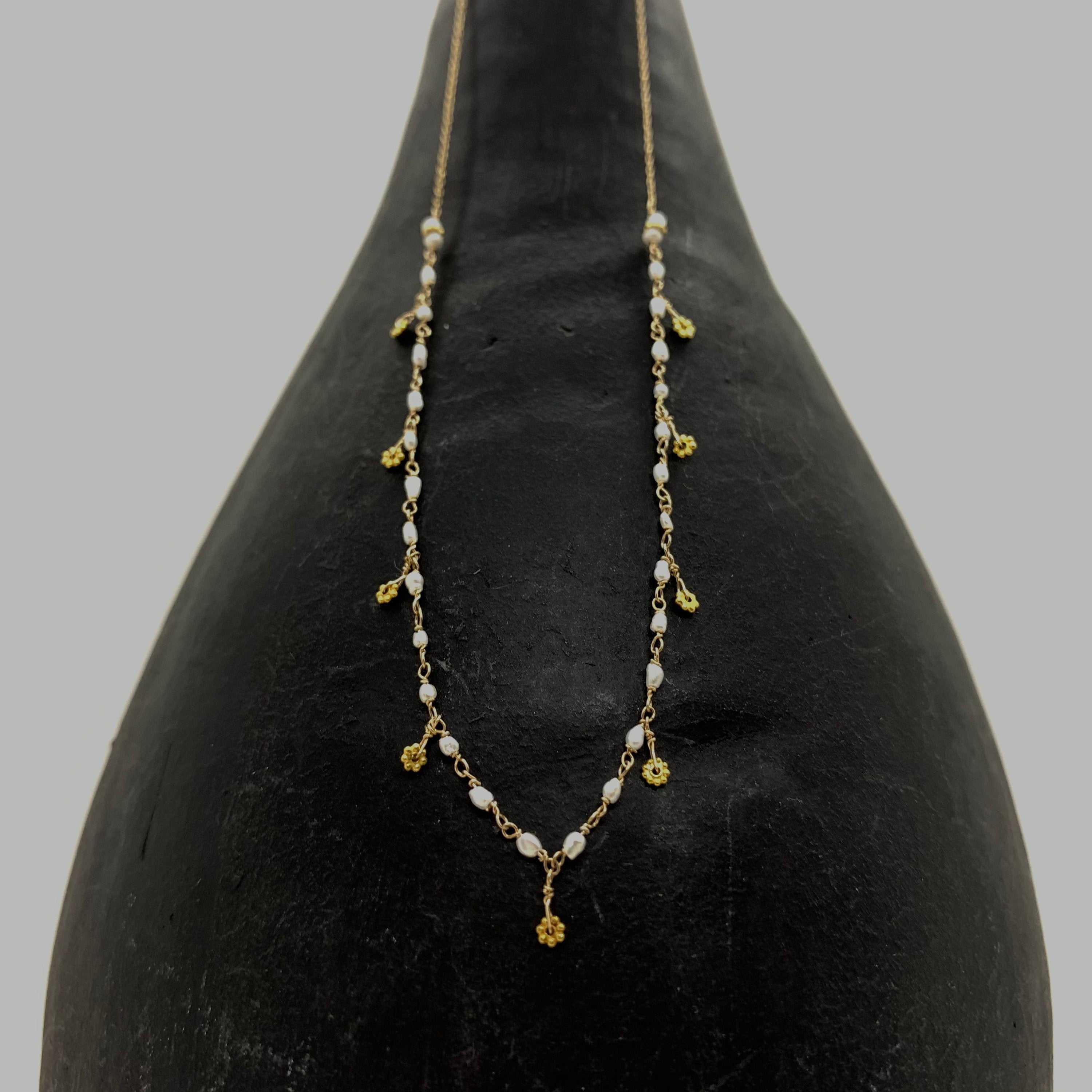 14k Gold Chain Necklace w/ Keshi Pearls, 18k Gold Daisies