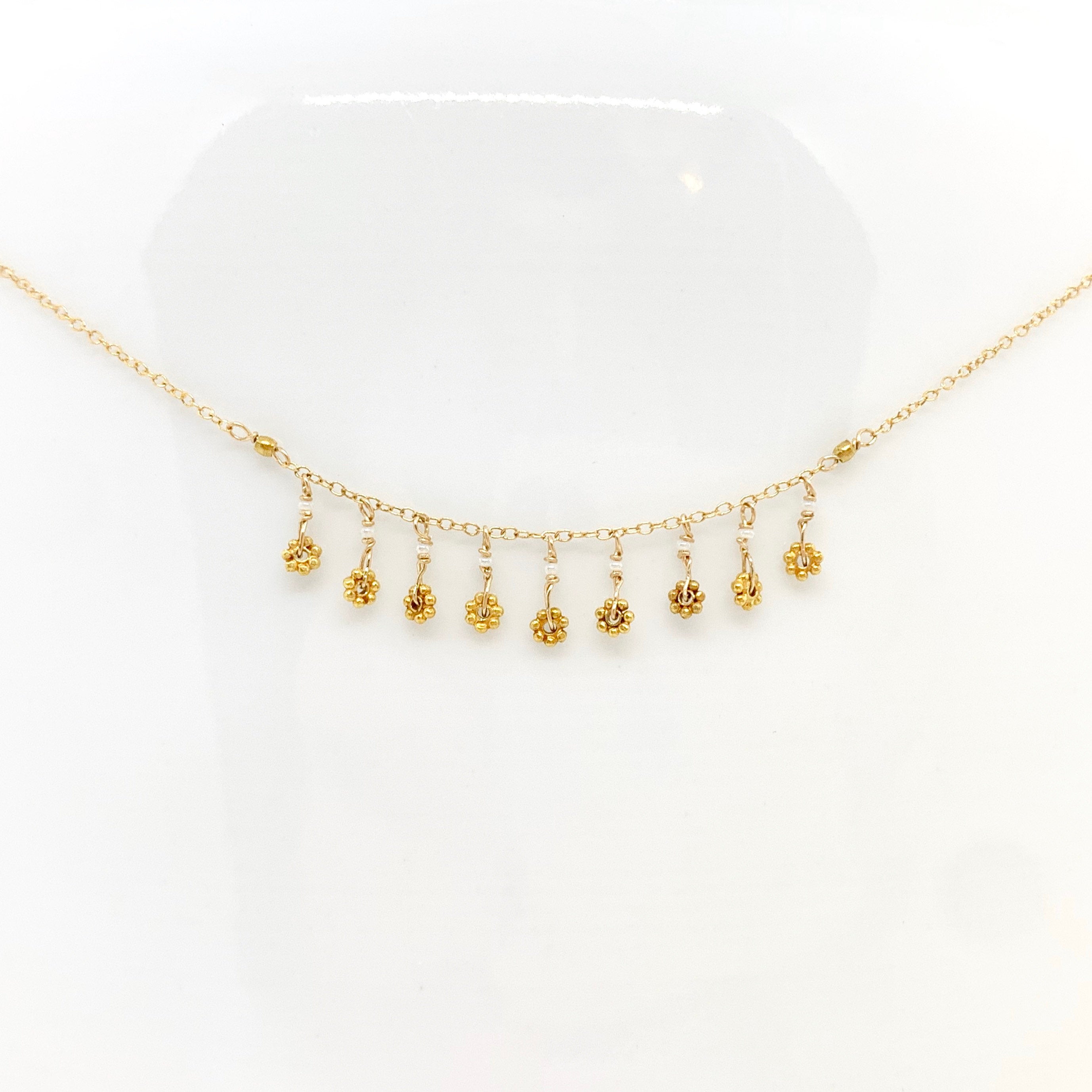 14k Gold Chain Necklace w/ 18k Gold Daisies, 18k Gold Nuggets & Antique Italian Beads