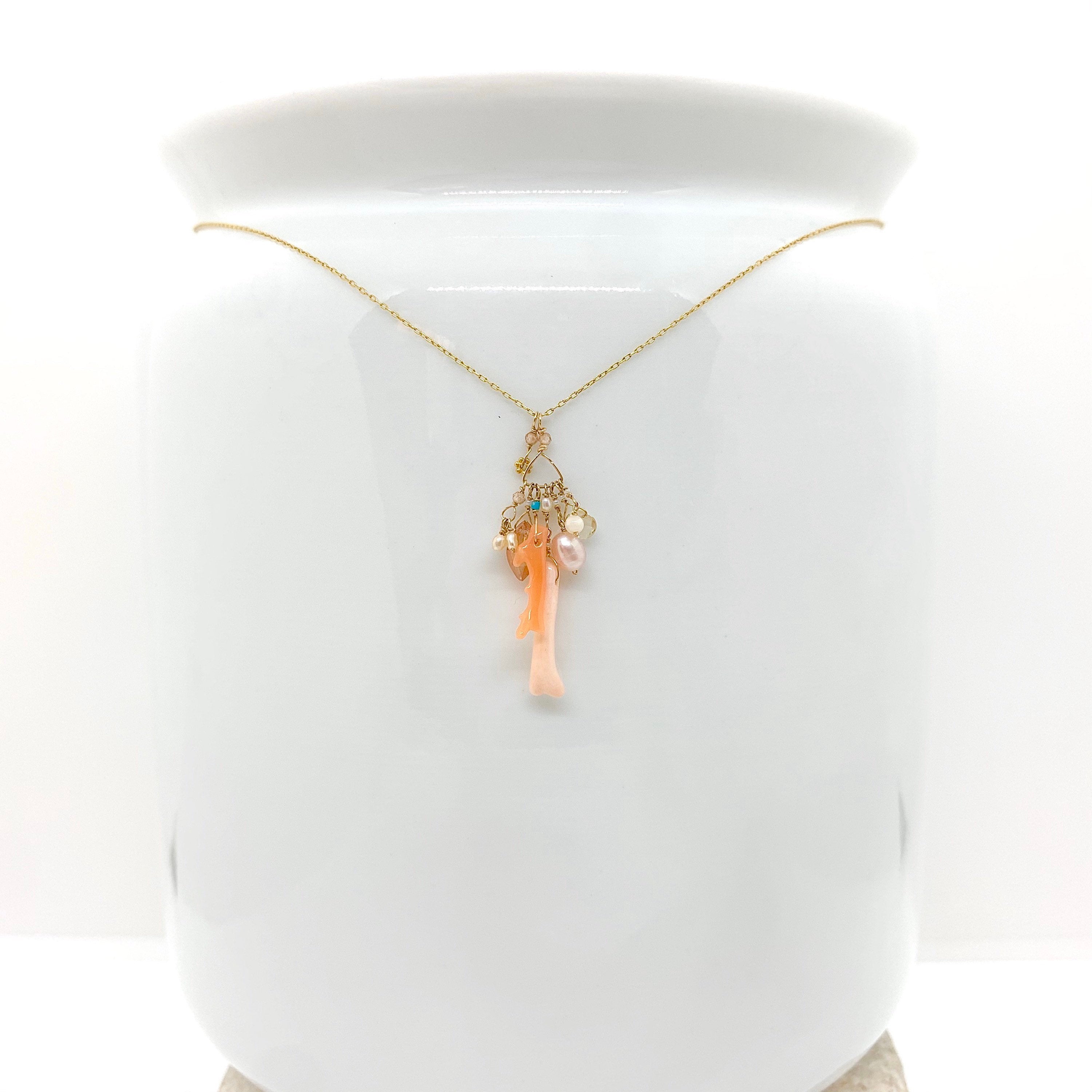 14k Gold Chain Necklace w/ 18k Gold Daisy, Coral, Freshwater Pearls, Cubic Zirconia, Quartz, Opal & Antique Italian Beads