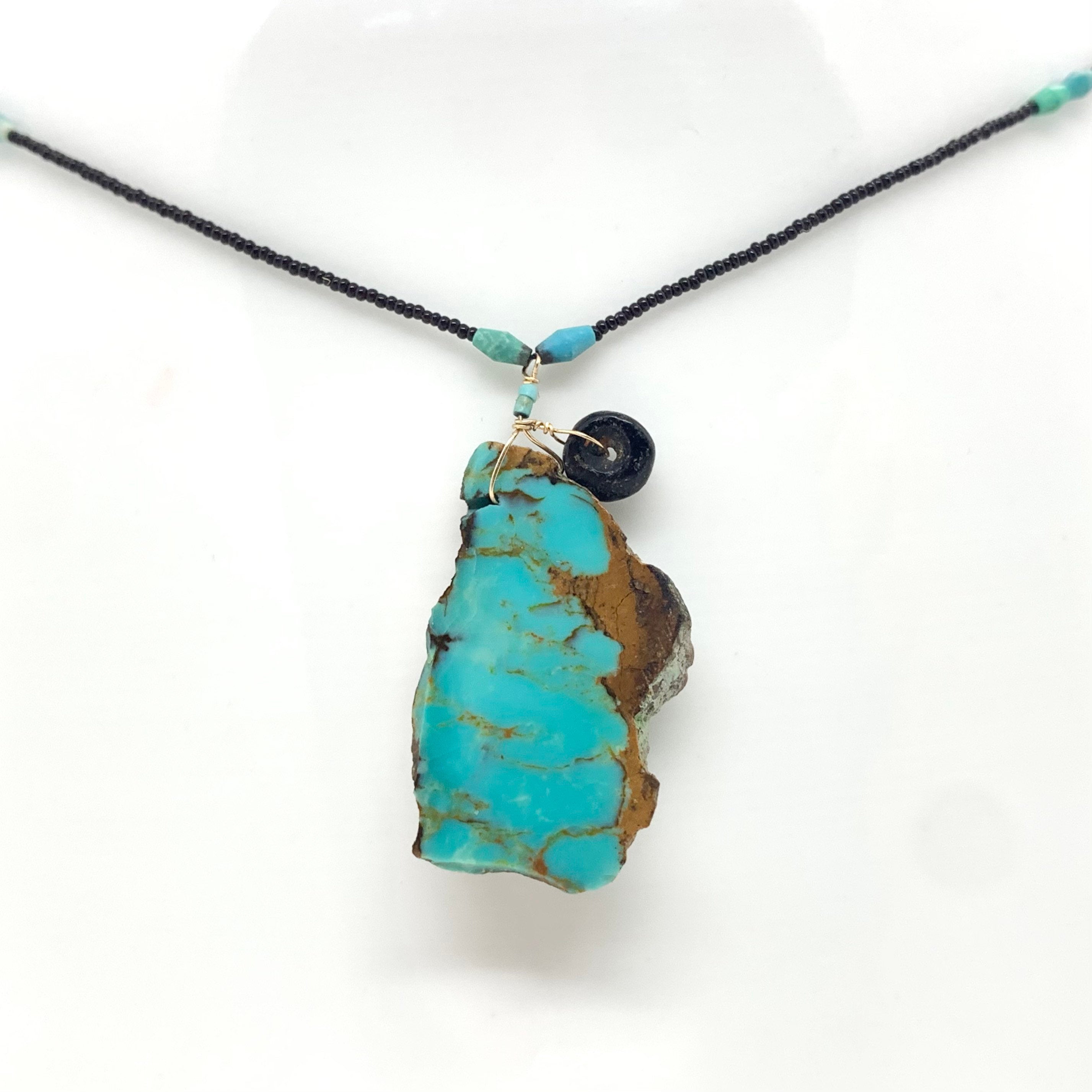String Beaded Necklace w/ Turquoise Pendant, Pre-Columbian Bead, Afghan Turquoise & Antique Italian Beads