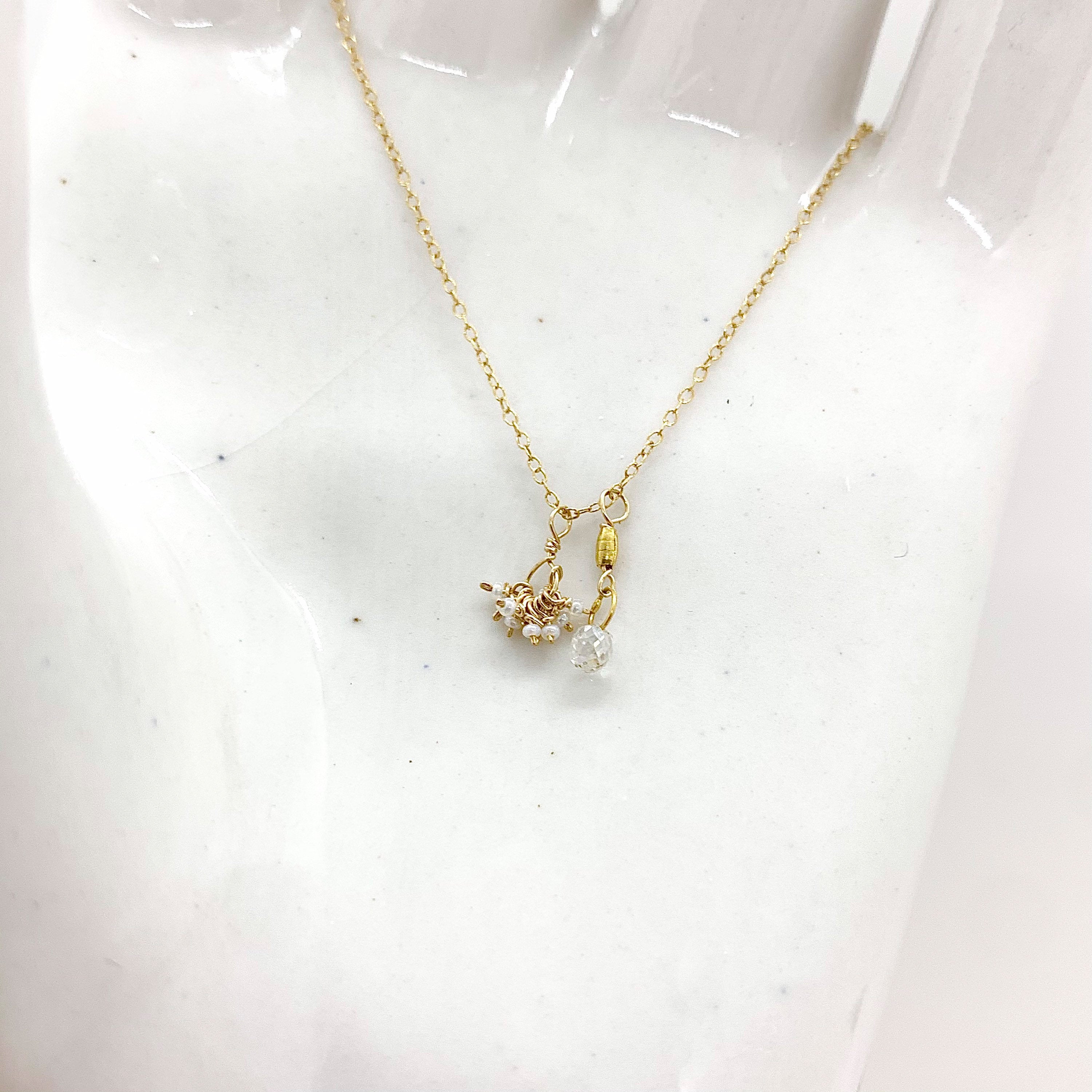 14k Gold Chain Necklace w/ Diamond, 18k Gold Nugget & Antique Italian Beads