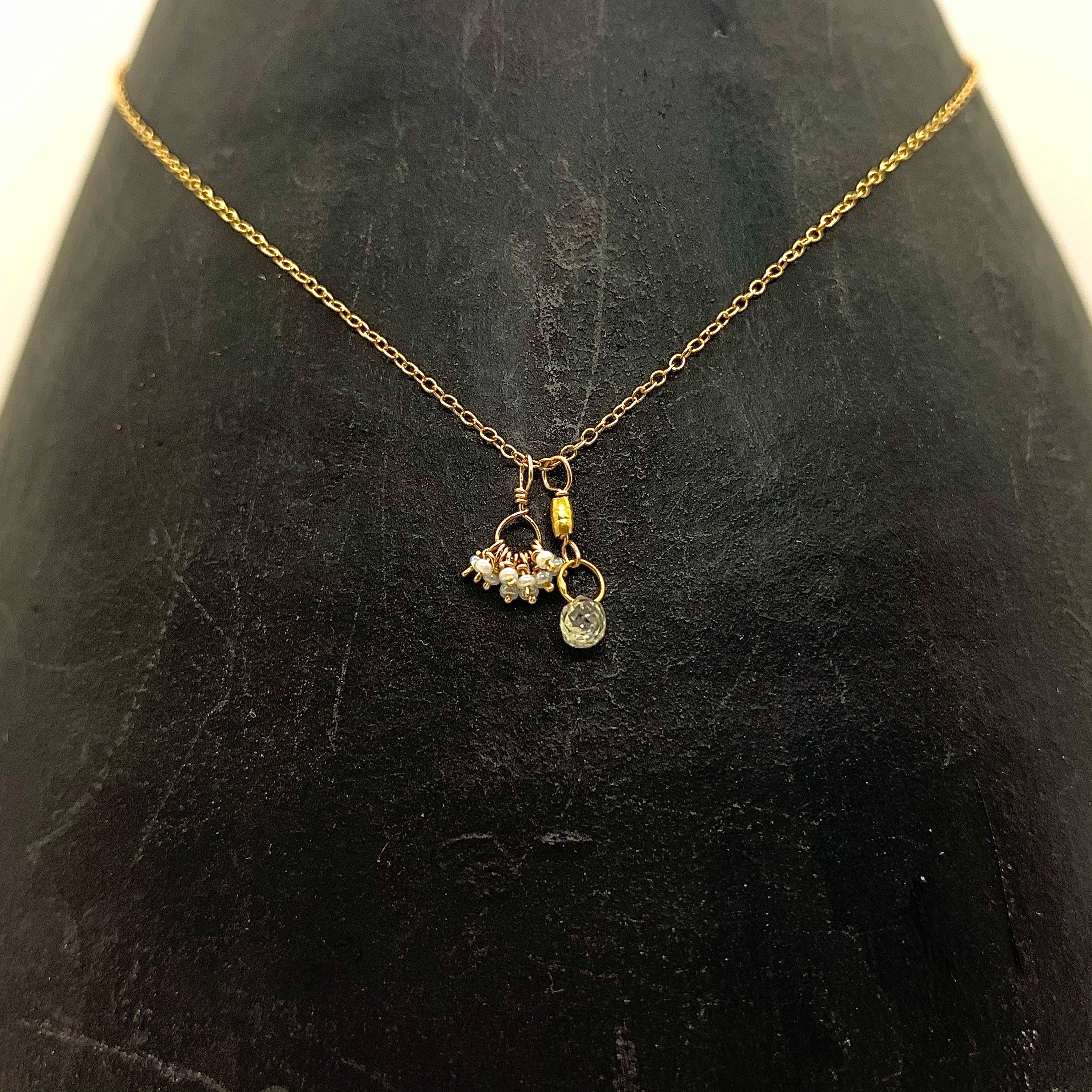 14k Gold Chain Necklace w/ Diamond, 18k Gold Nugget & Antique Italian Beads