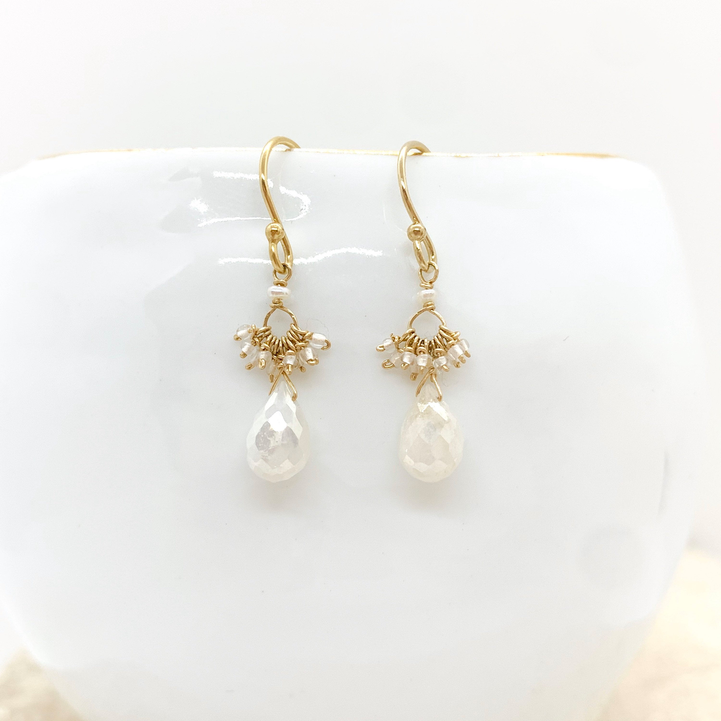 14k Gold Earrings w/ Mystic Corundum, Antique Italian Beads & Freshwater Pearl