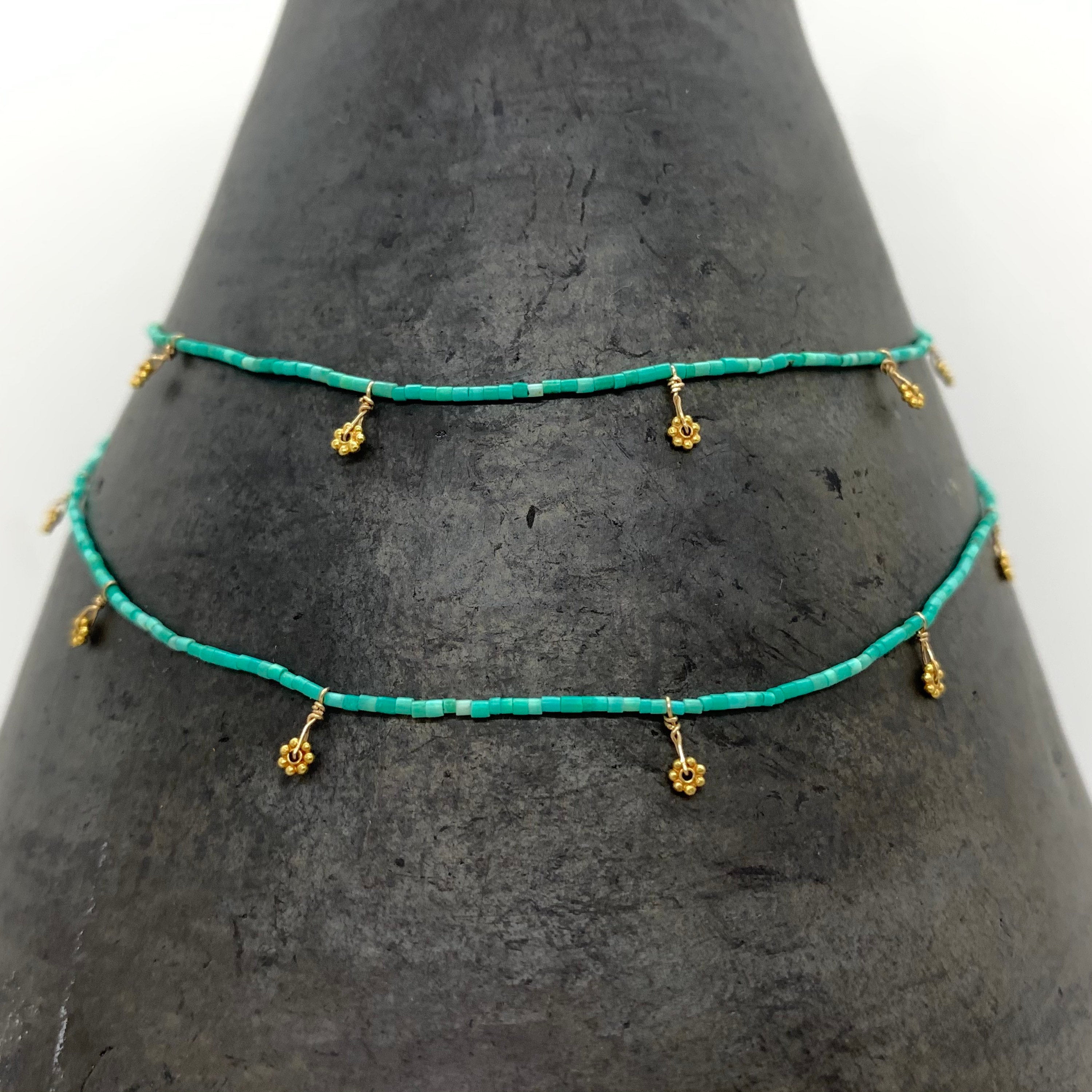 String Beaded Necklace w/ Turquoise & 18k Gold Daisies