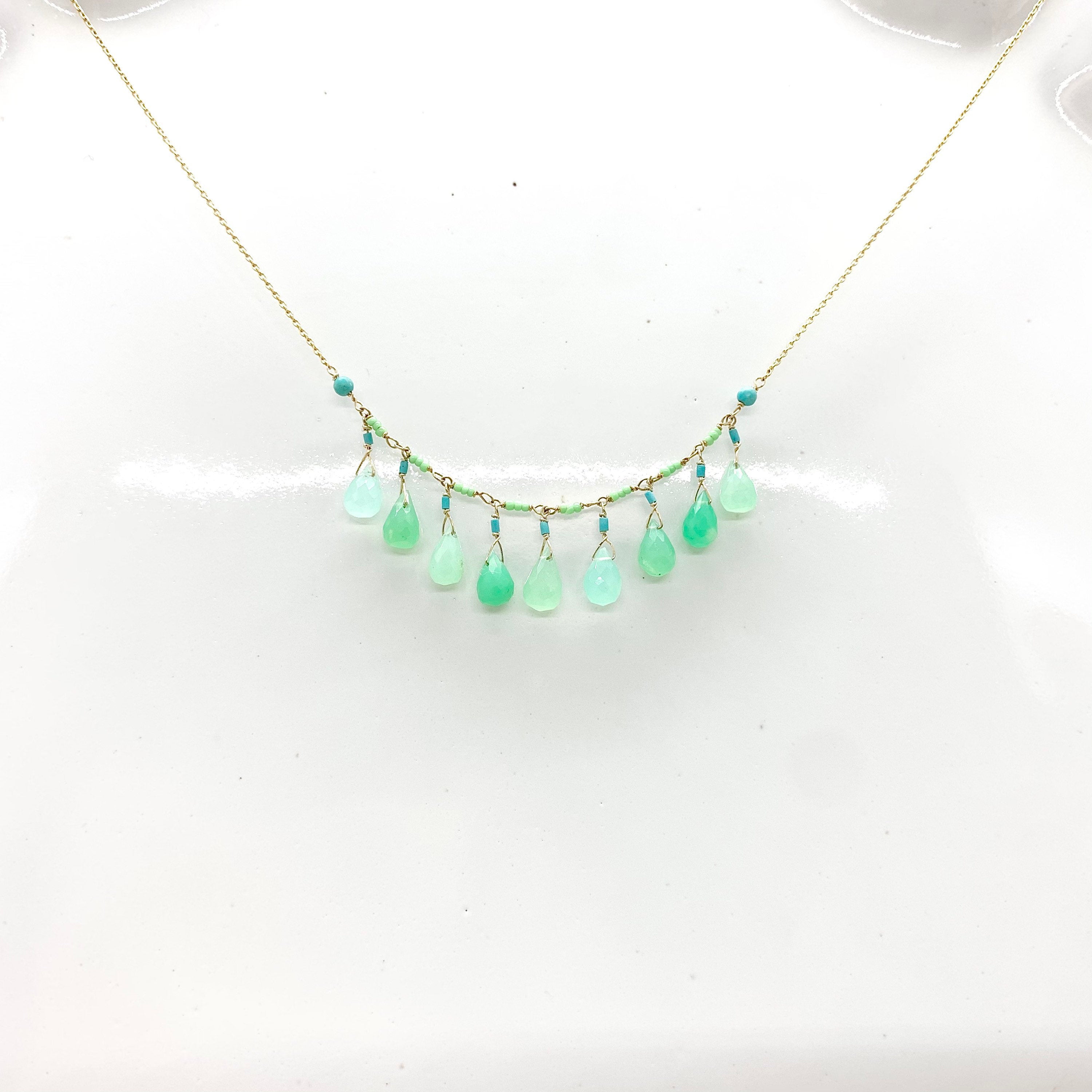 14k Gold Chain Necklace w/ Chrysoprase, Turquoise & Antique Italian Beads