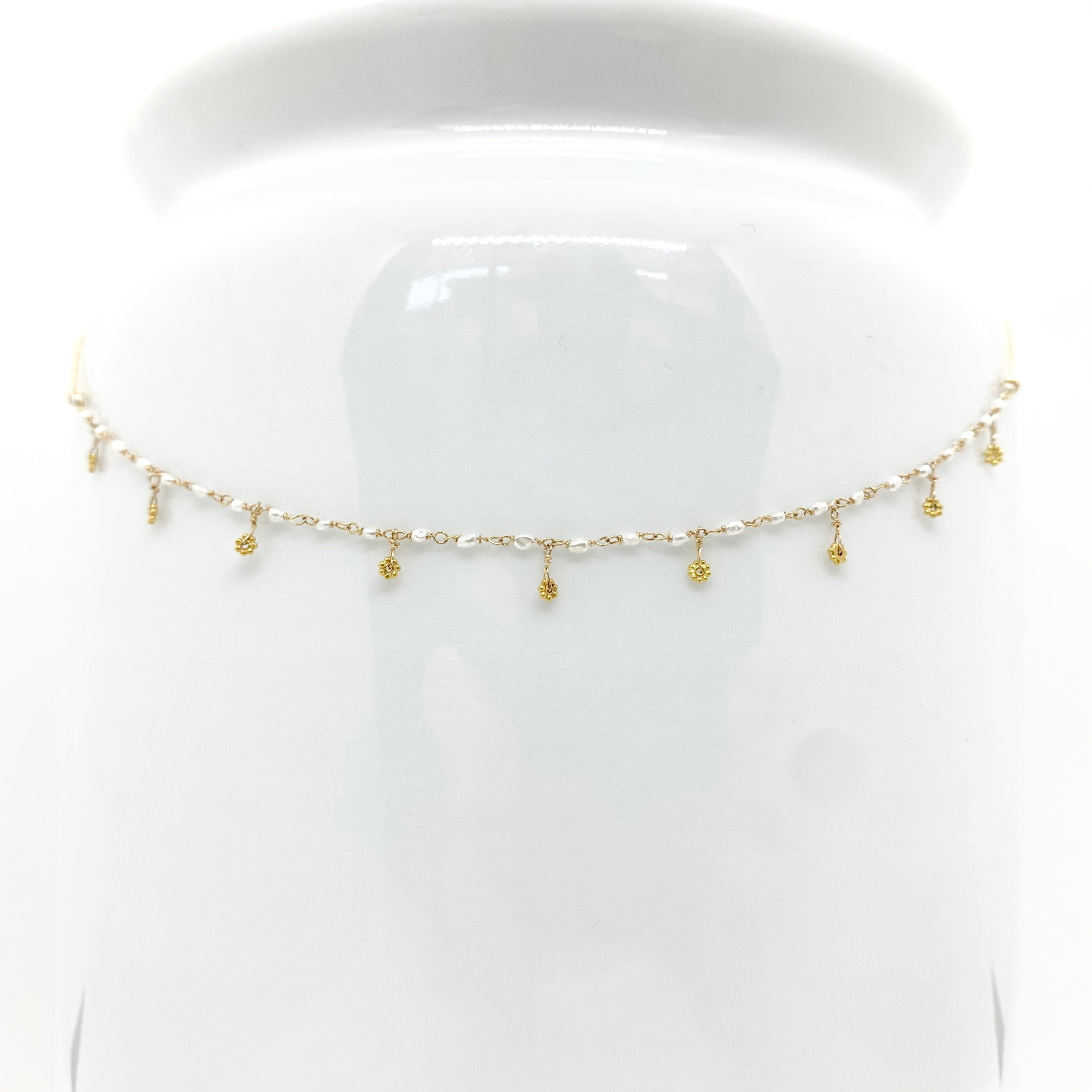 14k Gold Chain Necklace w/ Keshi Pearls, 18k Gold Daisies