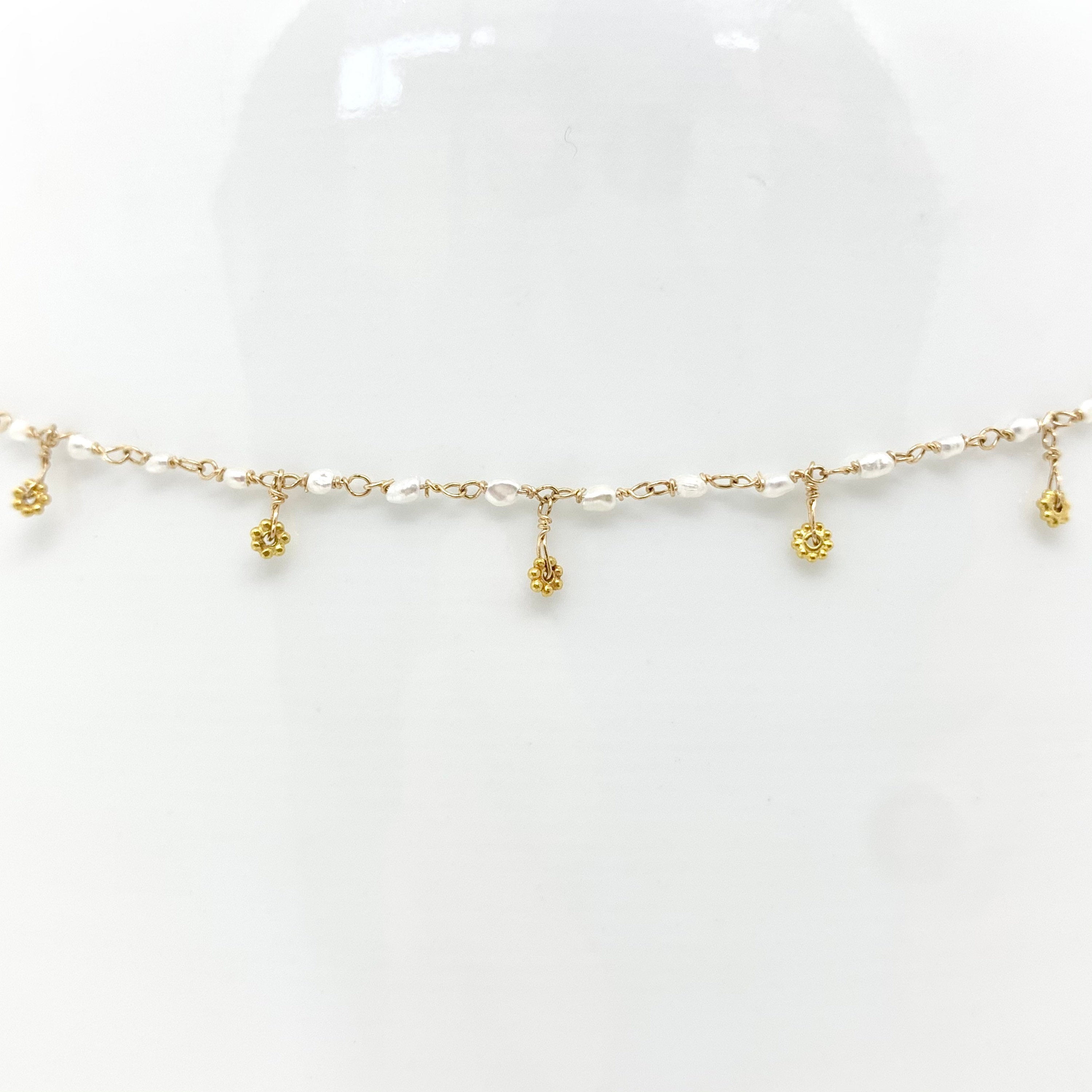 14k Gold Chain Necklace w/ Keshi Pearls, 18k Gold Daisies & Antique Italian Beads