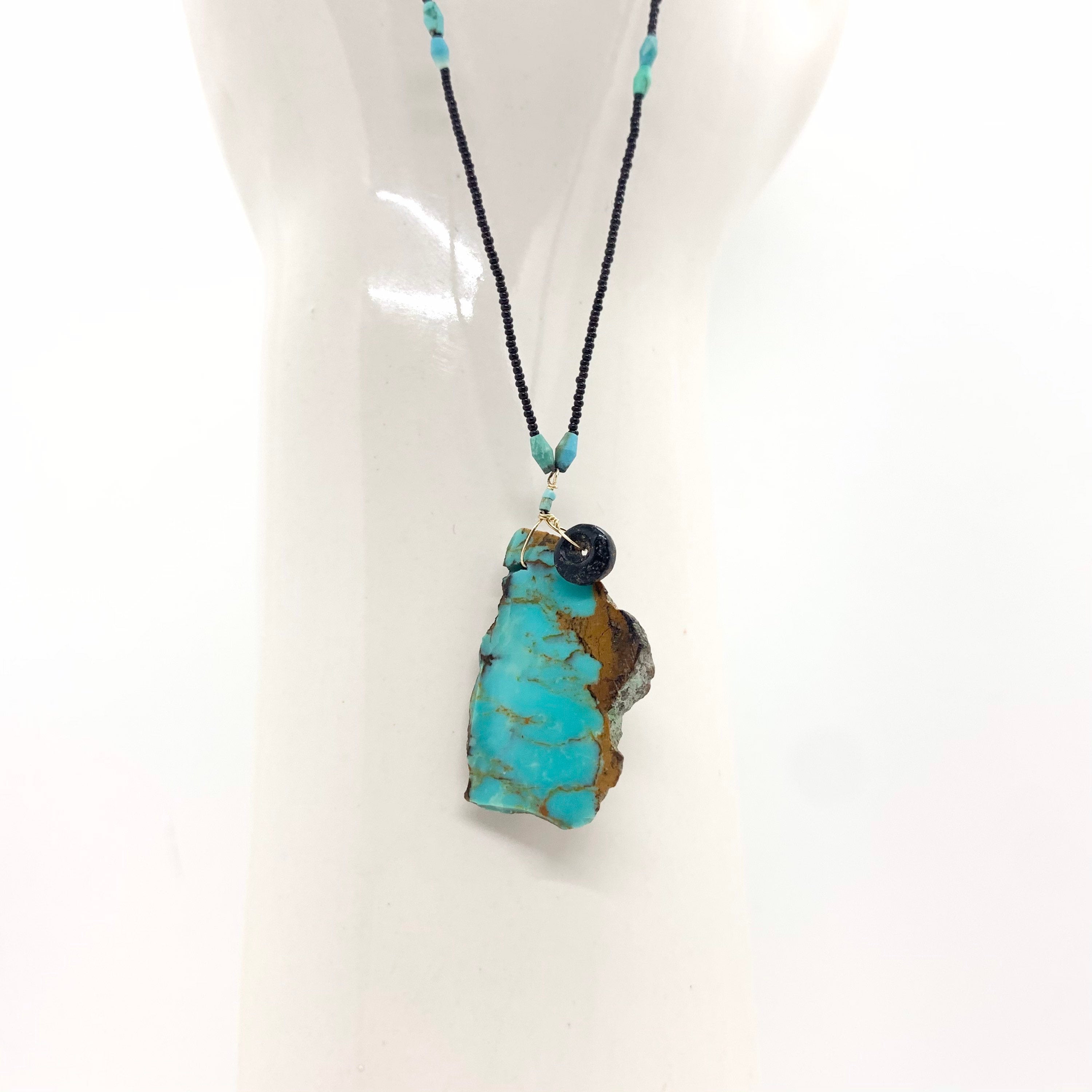 String Beaded Necklace w/ Turquoise Pendant, Pre-Columbian Bead, Afghan Turquoise & Antique Italian Beads