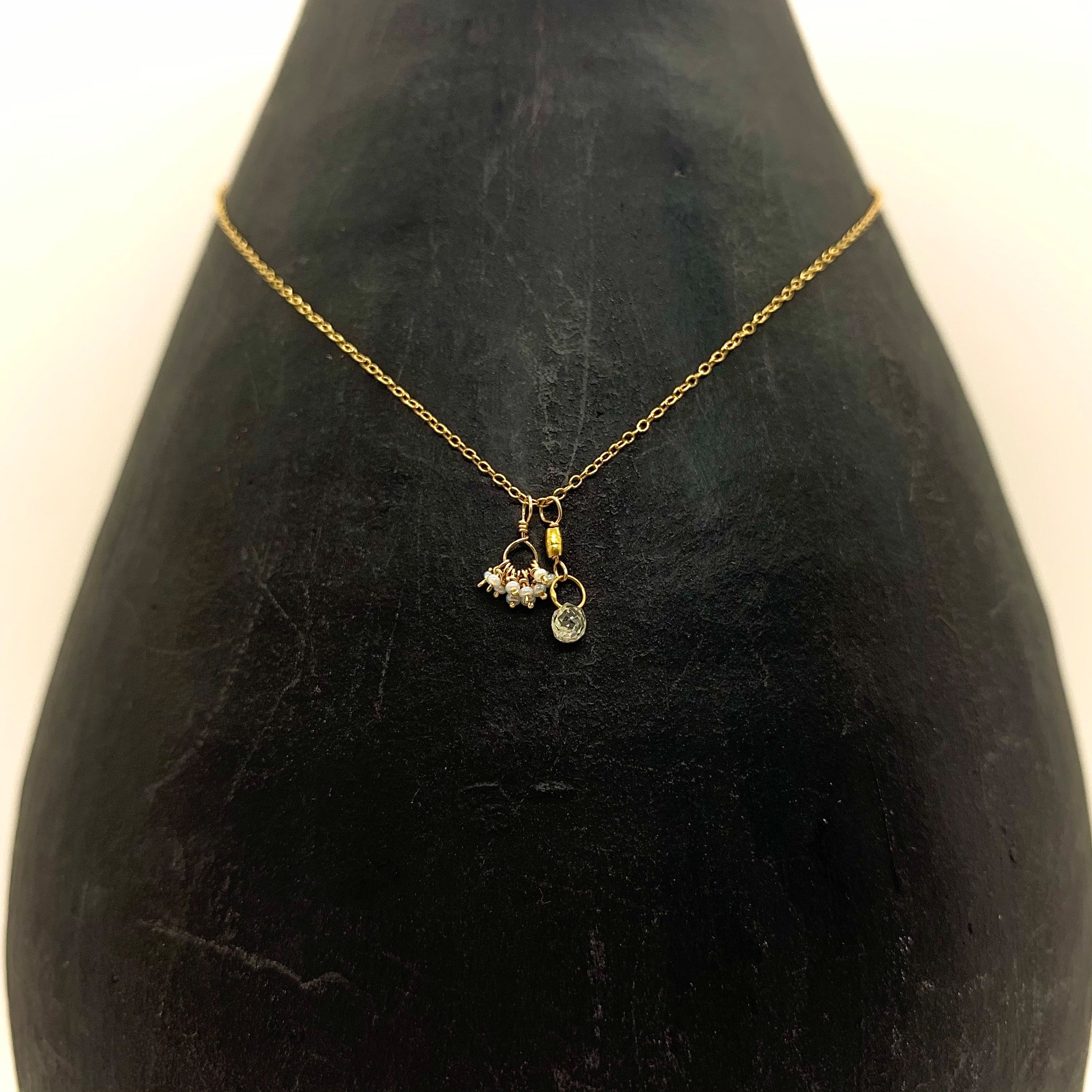 14k Gold Chain Necklace w/ Diamond, 18k Gold Nugget & Antique Italian Beads