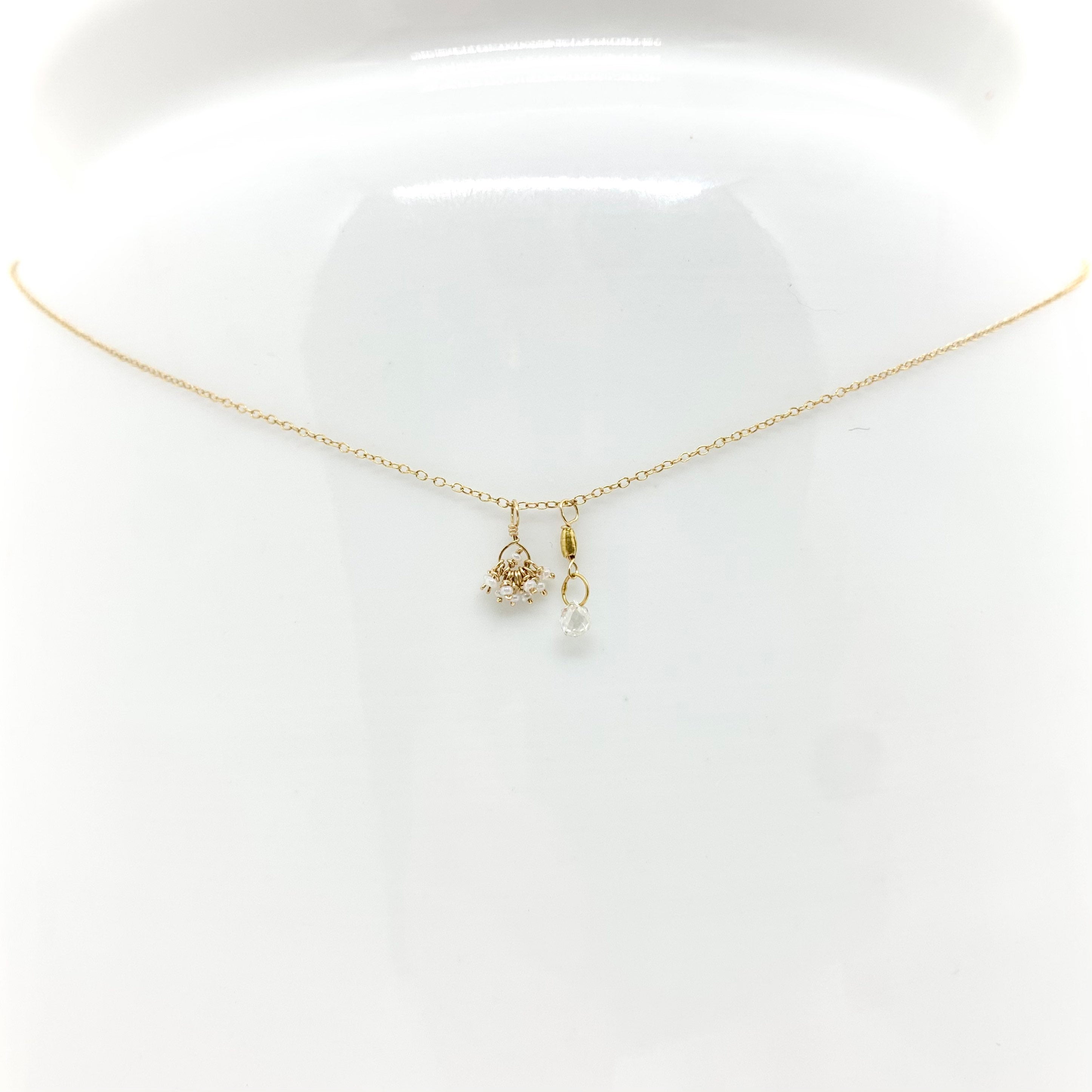 14k Gold Chain Necklace w/ Diamond, 18k Gold Nugget & Antique Italian Beads