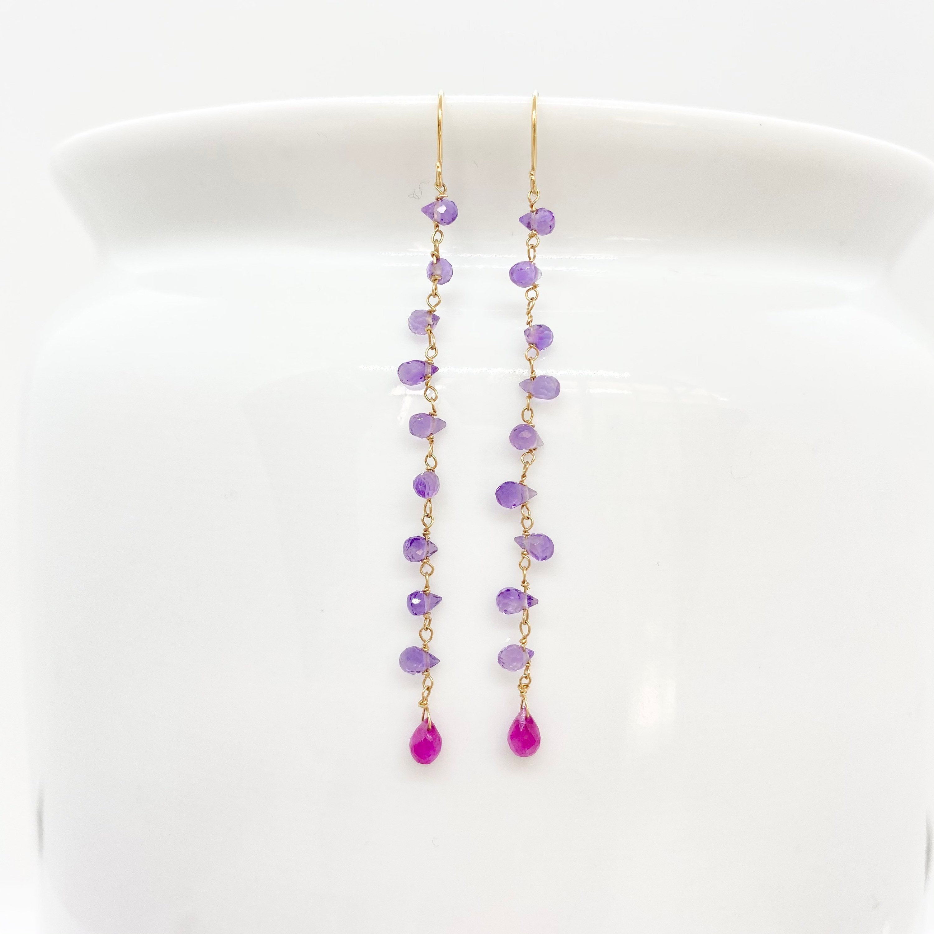 14k Gold Earrings w/ Amethyst & Pink Sapphire Drop