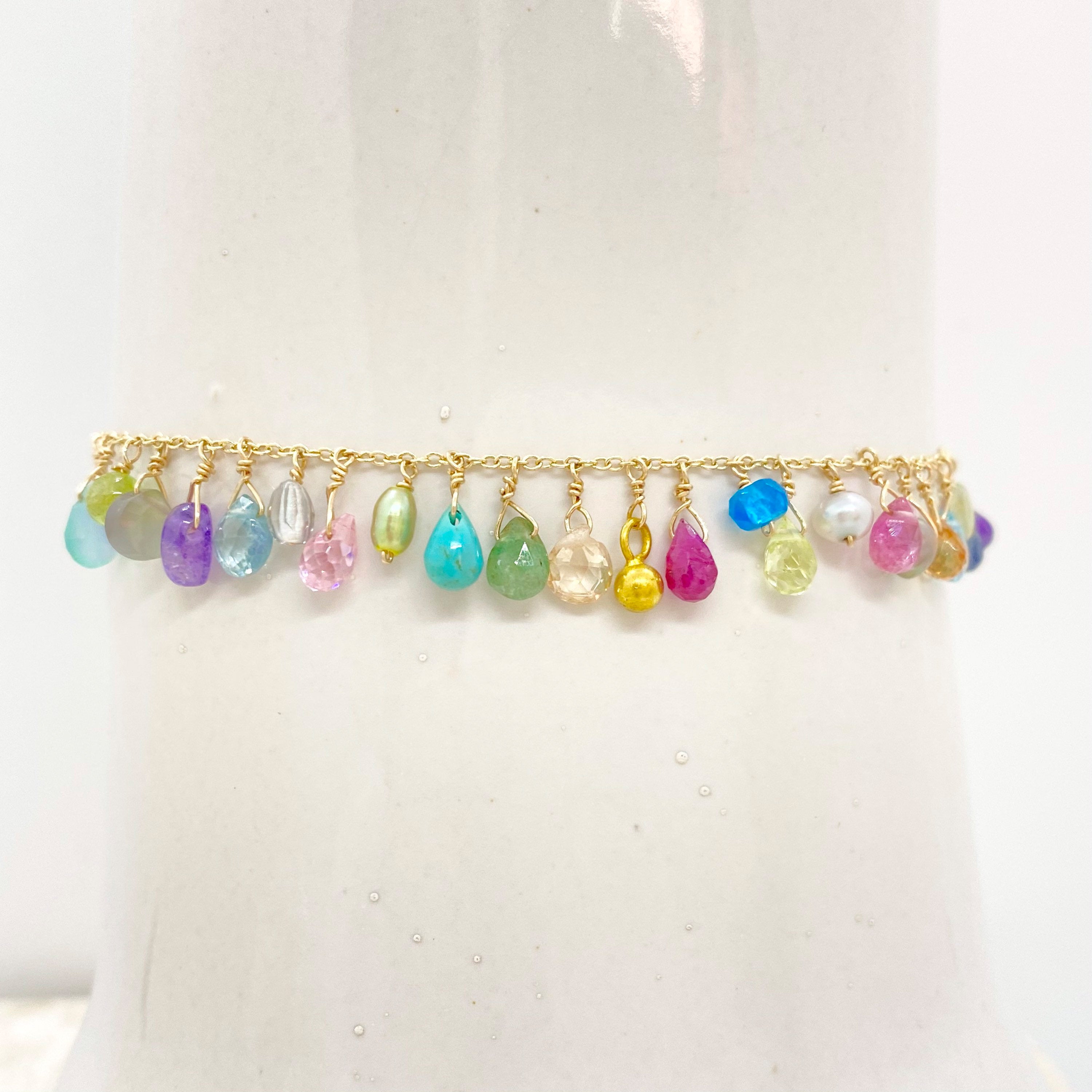 14k Gold Chain Bracelet w/ 18k Gold Pendants, Precious Stones, Semi-Precious Stones & Antique Italian Beads