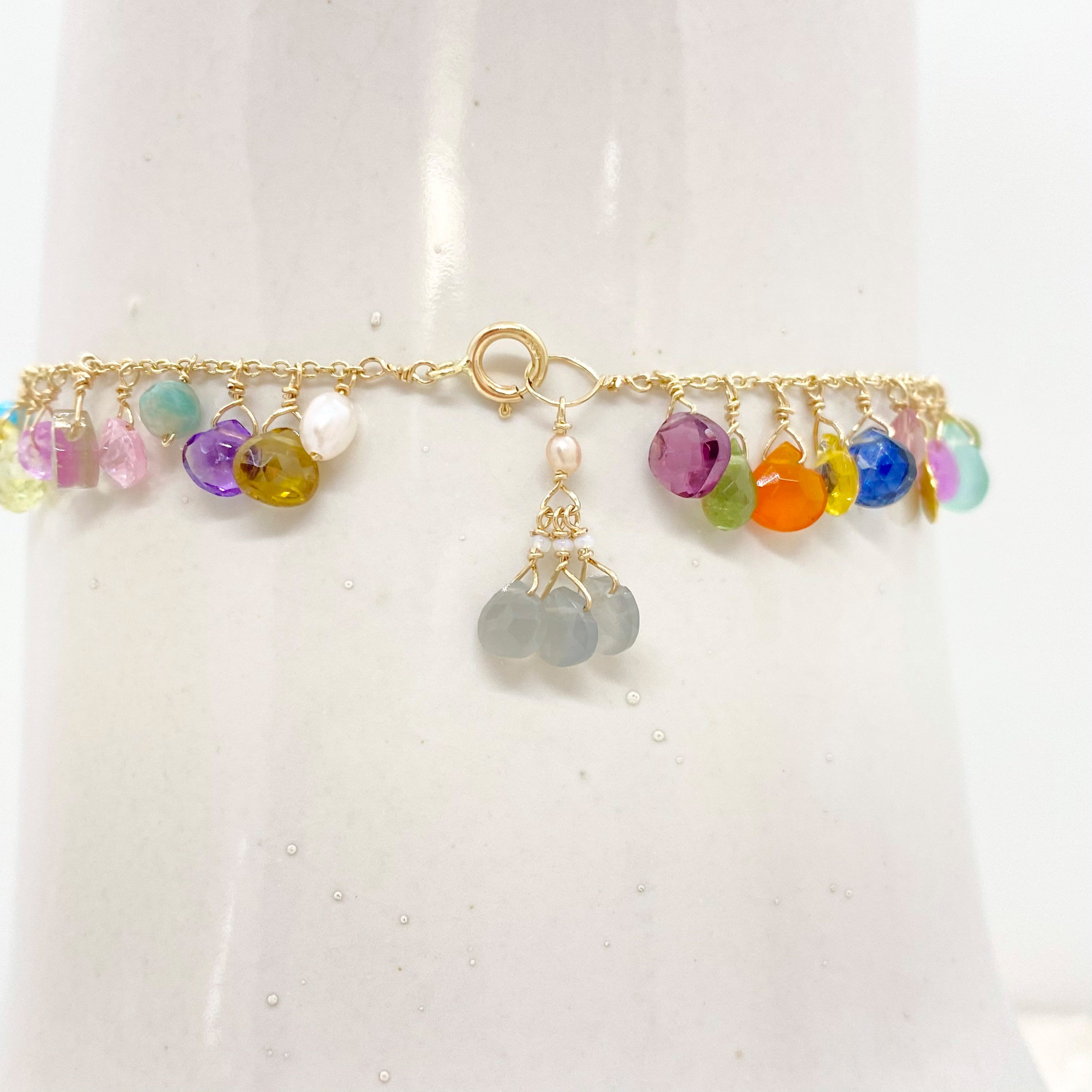 14k Gold Chain Bracelet w/ 18k Gold Pendants, Precious Stones, Semi-Precious Stones & Antique Italian Beads