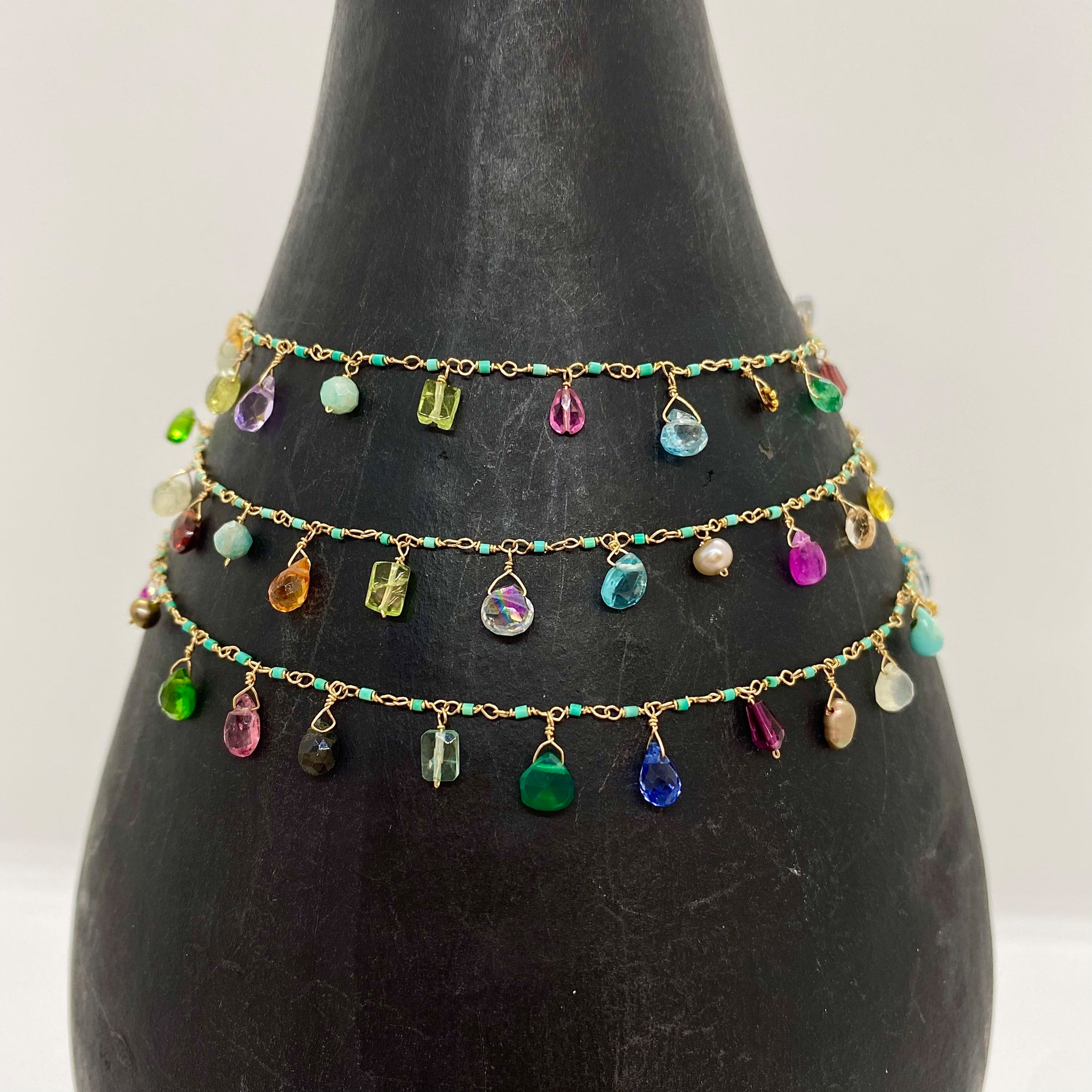 14k Gold Necklace w/ Afghan Turquoise, Precious Stones, Semi-Precious Stones & 18k Gold Daisies