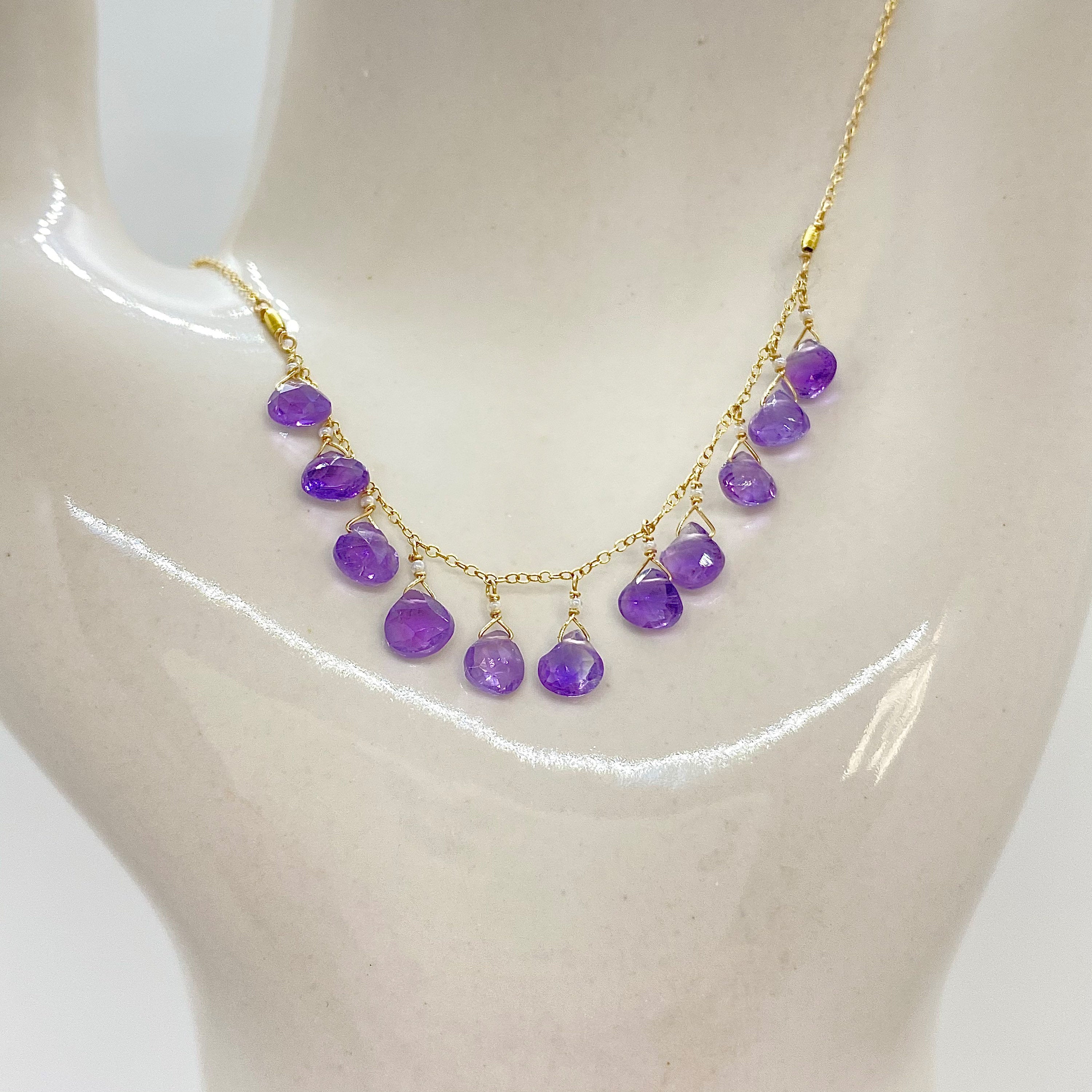 14k Yellow Gold Chain Necklace w/ Amethyst & Antique Italian Beads