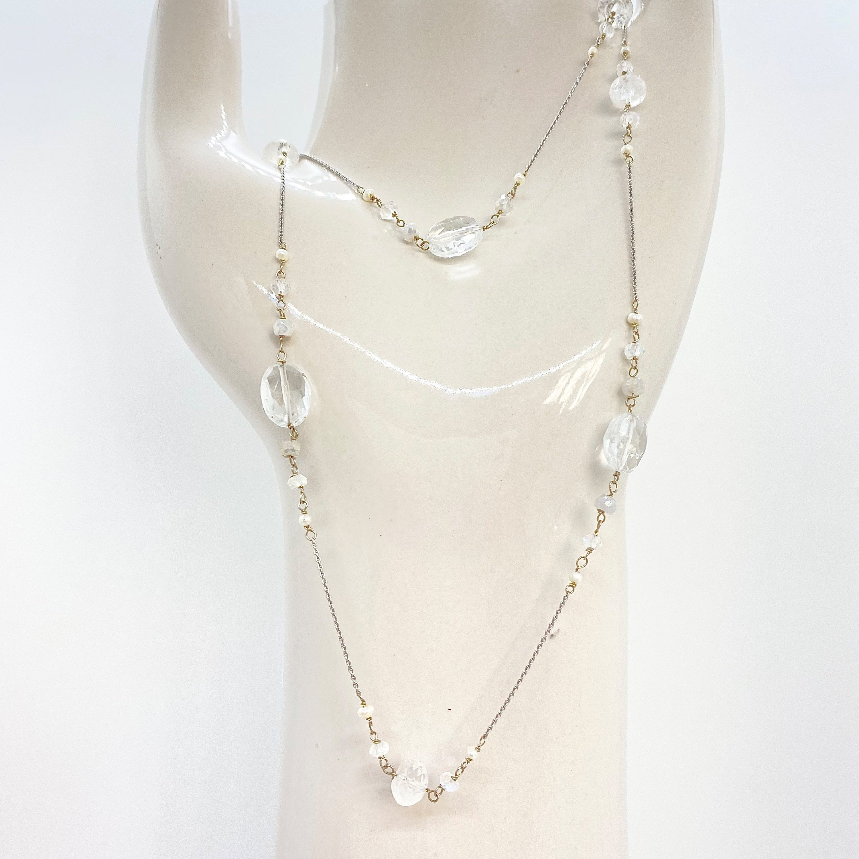 14K GOLD CHAIN Necklace - White Gold Necklace - Moonstone Necklace - Freshwater Pearls - Women Gold Jewelry - White Gold Chain