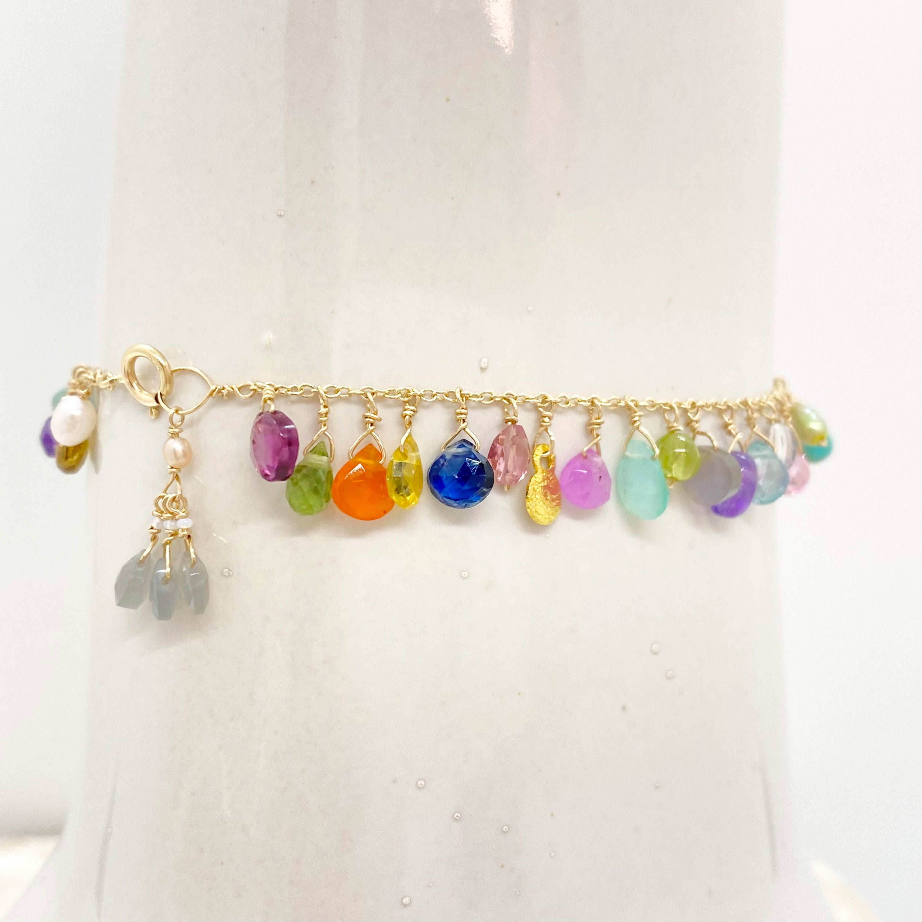 14k Gold Chain Bracelet w/ 18k Gold Pendants, Precious Stones, Semi-Precious Stones & Antique Italian Beads