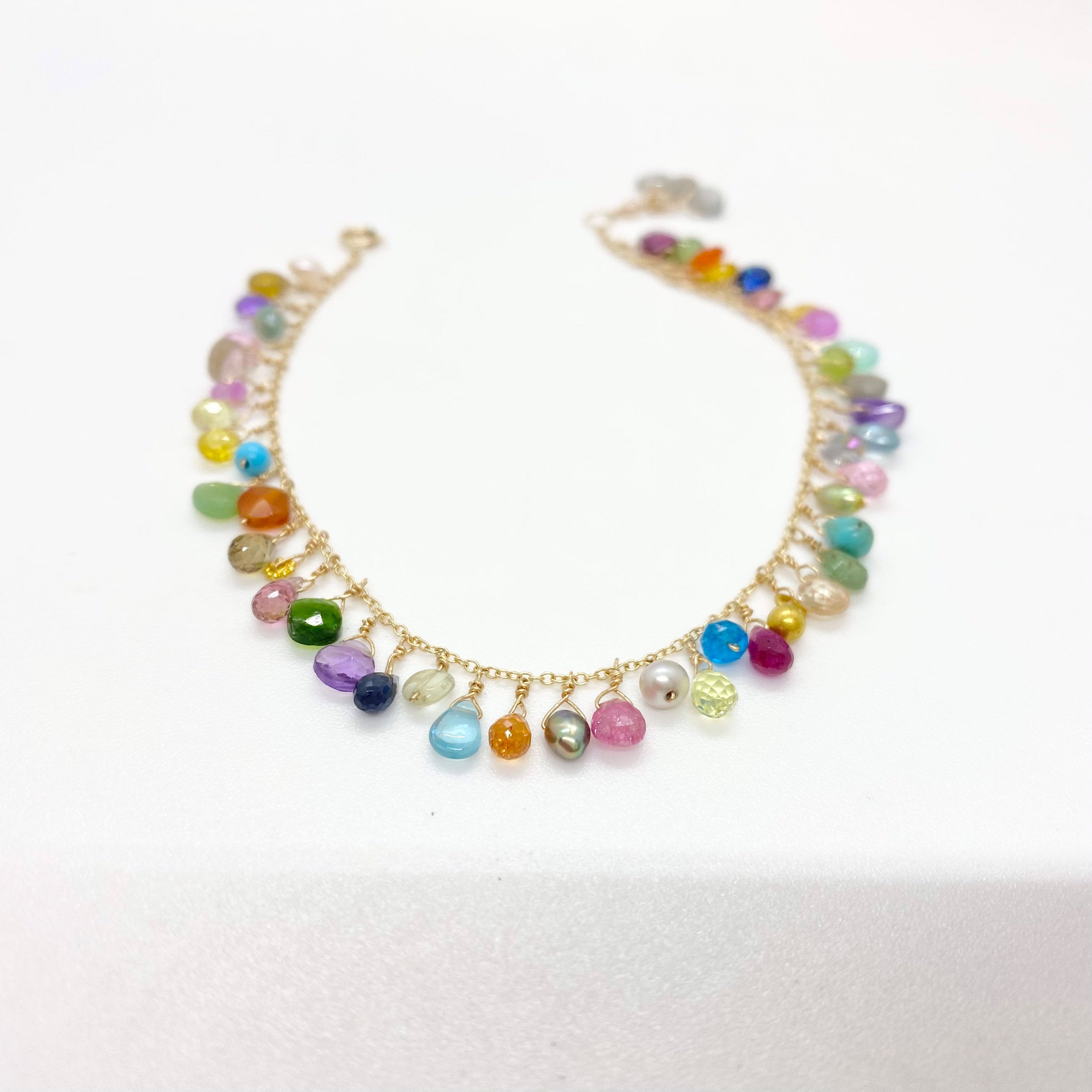 14k Gold Chain Bracelet w/ 18k Gold Pendants, Precious Stones, Semi-Precious Stones & Antique Italian Beads