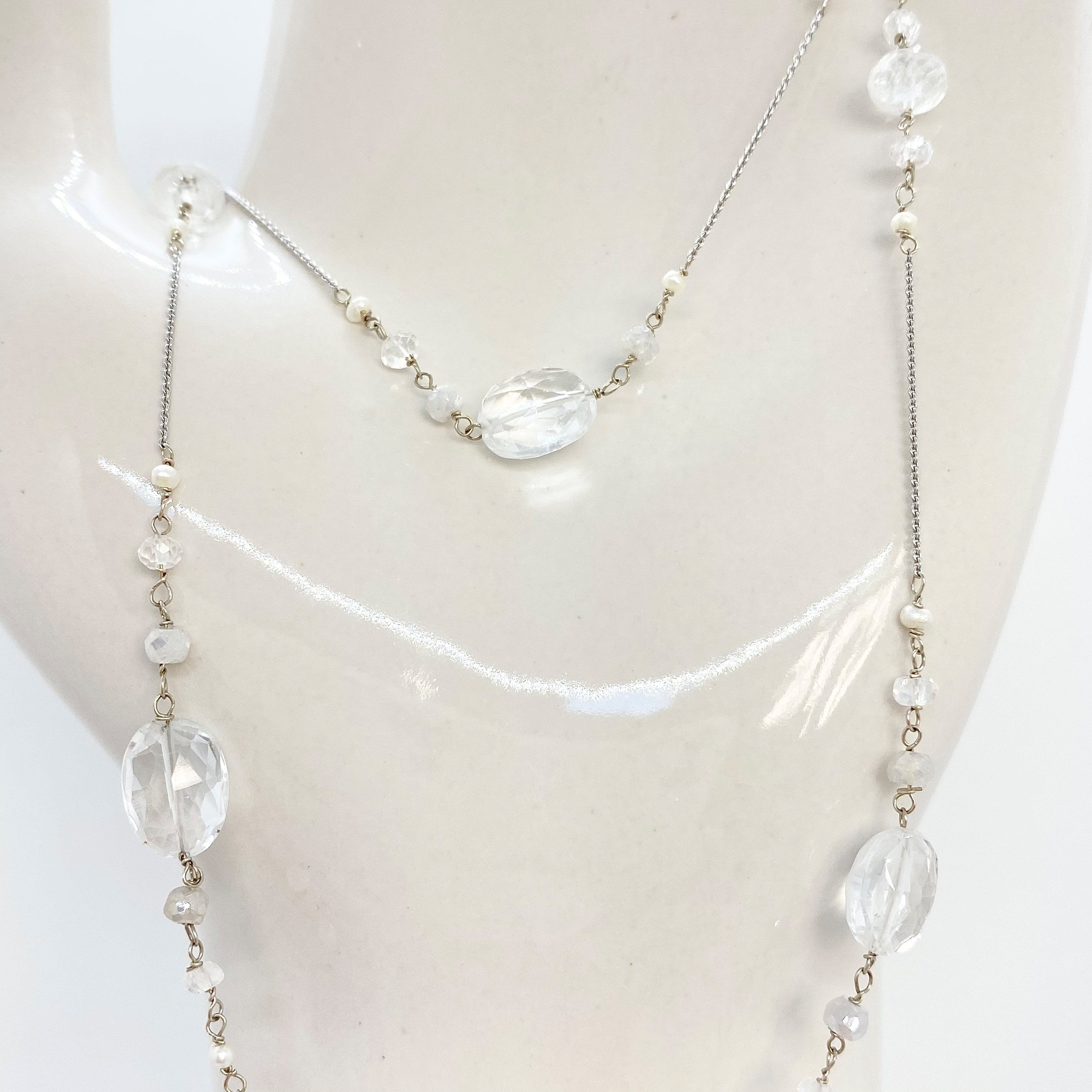 14K GOLD CHAIN Necklace - White Gold Necklace - Moonstone Necklace - Freshwater Pearls - Women Gold Jewelry - White Gold Chain